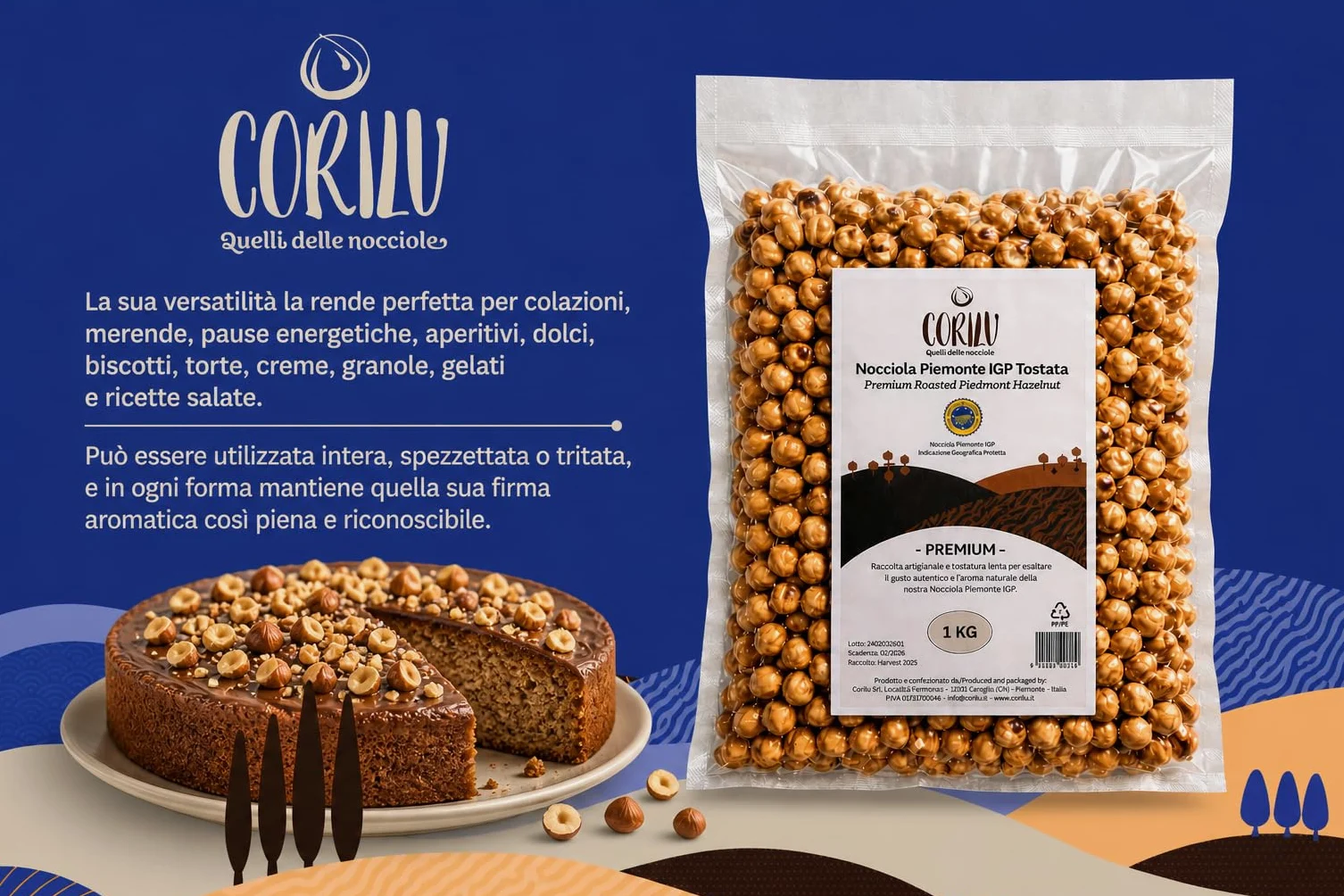 Corilu Nocciole Tostate Intere Piemonte IGP - Frutta Secca Snack Fonte di Fibre, Vitamine ed Antiossidanti - PREMIUM Nocciole Piemonte Igp Sgusciate Sacchetto Sottovuoto 1 kg