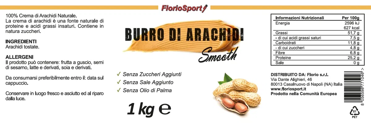 Burro di Arachidi Smooth, 1000 g FlorioSport Burro di Arachidi Liscio 100% Naturale - Peanut Butter - Alimento Proteico - Adatto per Vegetariani - Senza Zucchero e Sale Aggiunto