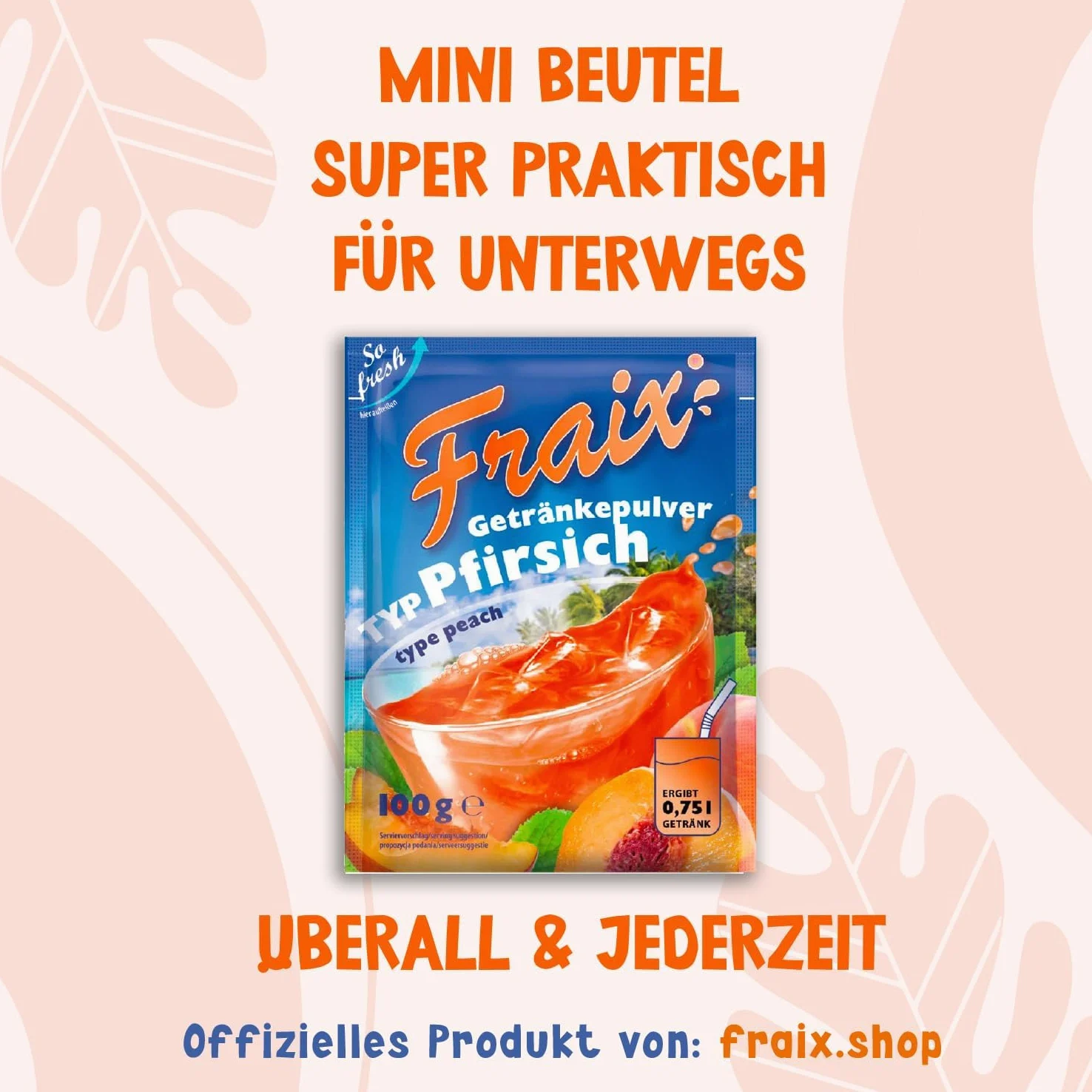 FRAIX Polvere per bevande, pesca, confezione da 150 pezzi (150 x 100 g), polvere istantanea di frutta con sapore di pesca, perfetta per viaggi, feste di compleanno