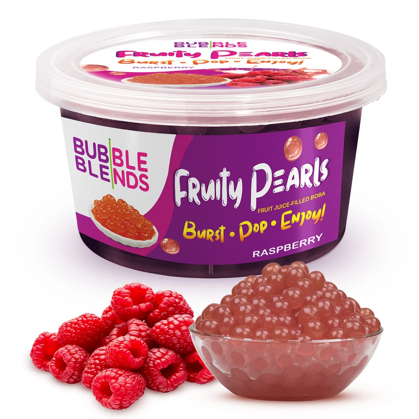 Popping Boba Gusto Lampone 450 g - Bubble Blends Perle di Frutta con Vero Succo di Frutta - Senza Lattosio, 100% Senza Grassi e Senza Glutine (4.5 Porzioni) - Palline Bubble Tea, Bevande e Topping