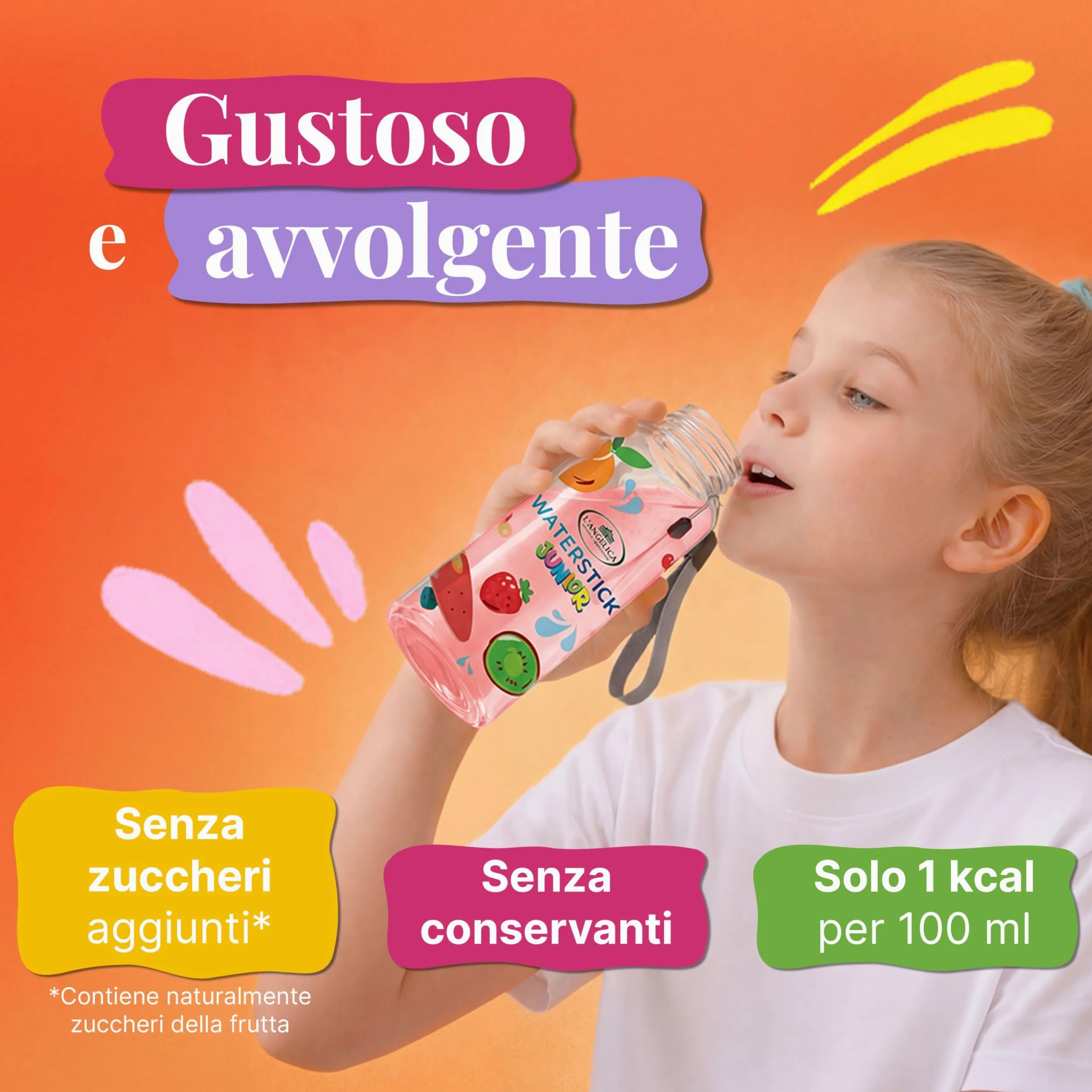 L'Angelica, Waterstick Junior, Gusto Fragola e Banana, Con Frutta, Vitamine, Zero Zuccheri Aggiunti, 6 Astucci da 12 Stick