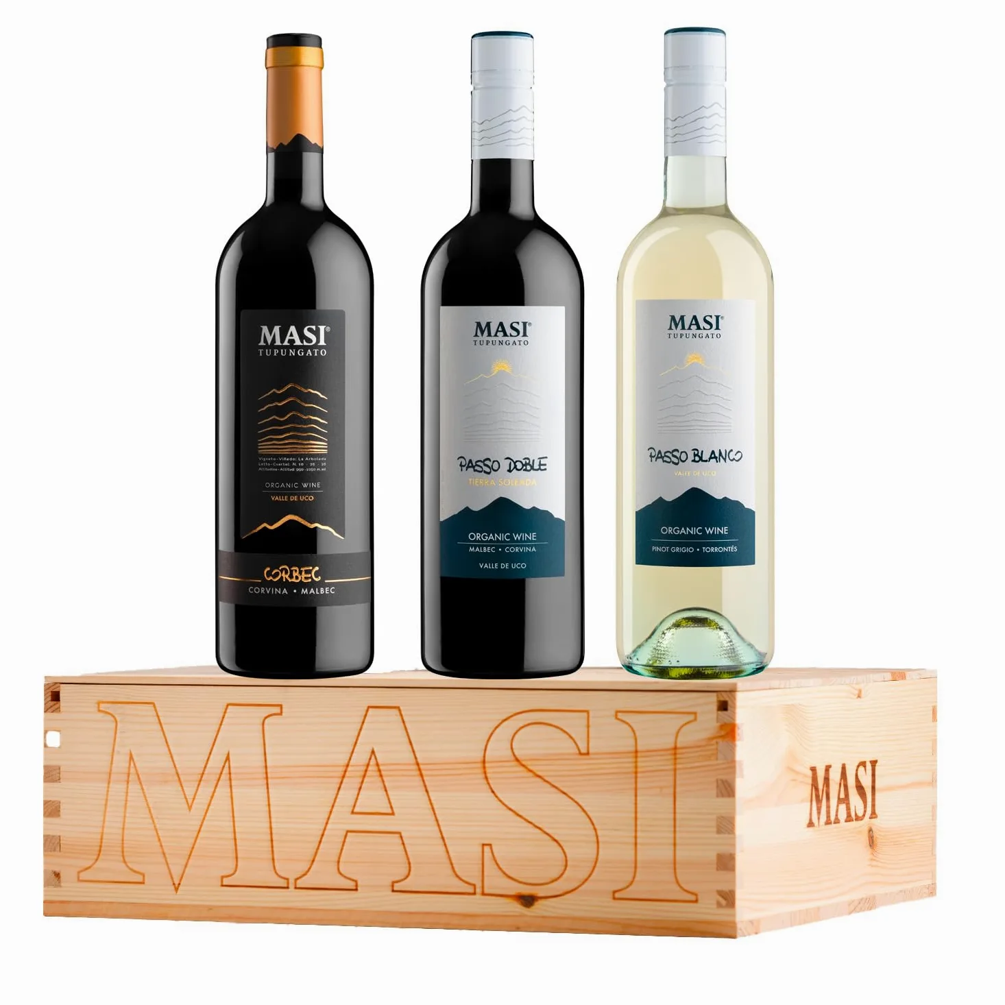 Confezione esclusiva "Masi Tupungato" | CORBEC 2019 Rosso di Argentina BIO, PASSO DOBLE 2021 Rosso di Argentina BIO, PASSO BLANCO 2023 Bianco di Argentina BIO | 3x750 ml | Confezione in legno