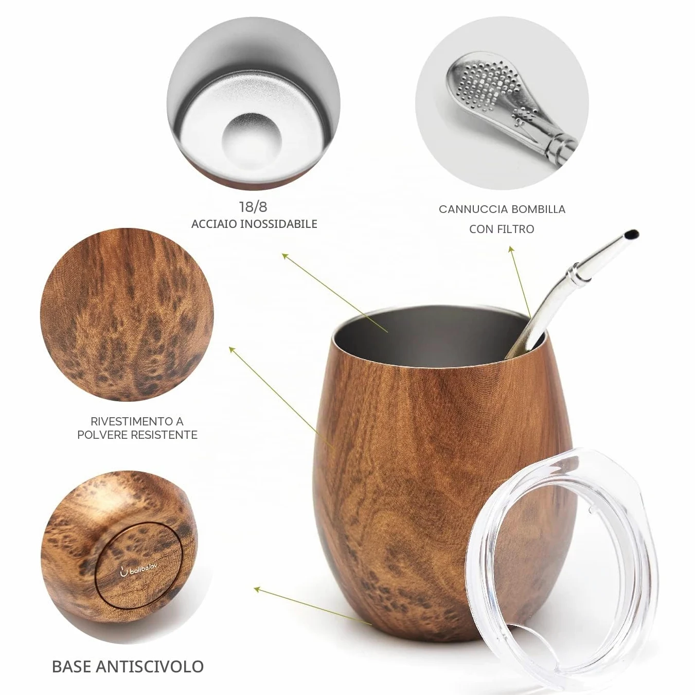 BALIBETOV Mate Argentino - Doppio Set Yerba Mate in Acciaio Inossidabile (5 pcs. Set) - Compreso 2 Tazza Mate, 2 Bombilla per Mate (Yerba Mate cannuccia) e Spazzola per la Pulizia (Legna)