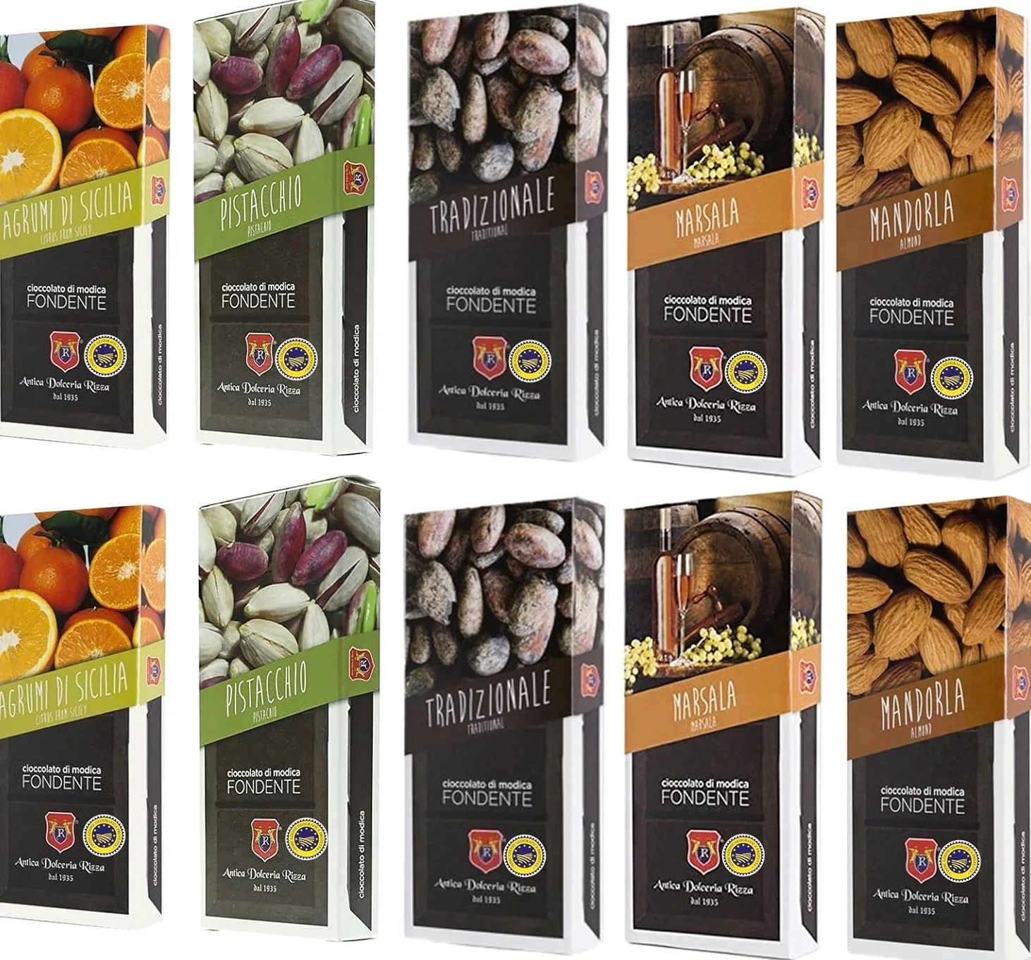 Sicilia Bedda - CIOCCOLATO DI MODICA IGP - 10 Barrette di Cioccolato - 1 KG di Cioccolata di Modica SENZA GLUTINE - ANTICA DOLCERIA RIZZA (Agrumi/Mandorla/Marsala/Pistacchio/Tradizionale)