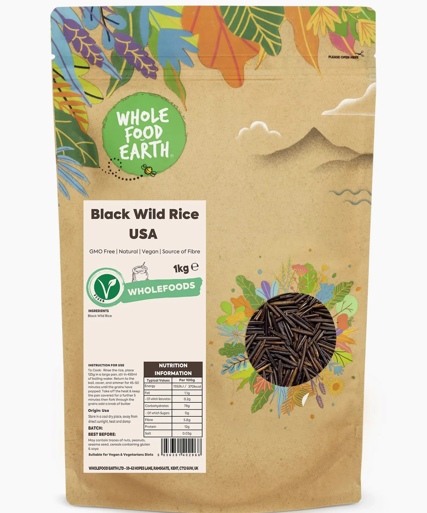 Riso selvatico nero della terra intera USA - senza OGM - Naturale - Vegano - Senza latticini - Senza zucchero aggiunto, 1 kg