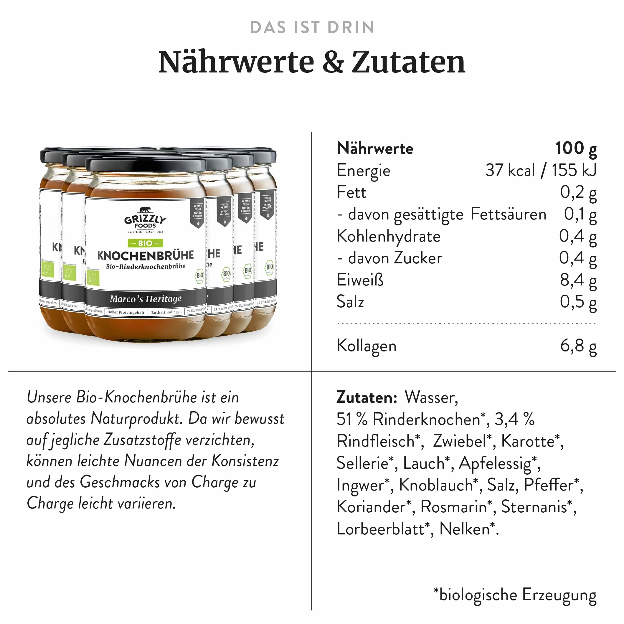 Grizzly Foods Brodo di ossa di manzo biologico (6 x 500 ml) - 25 g di collagene per bicchiere - Cotto per 72 ore - 100% naturale - Senza zucchero, senza additivi - Nutrienti preziosi - Bone Broth