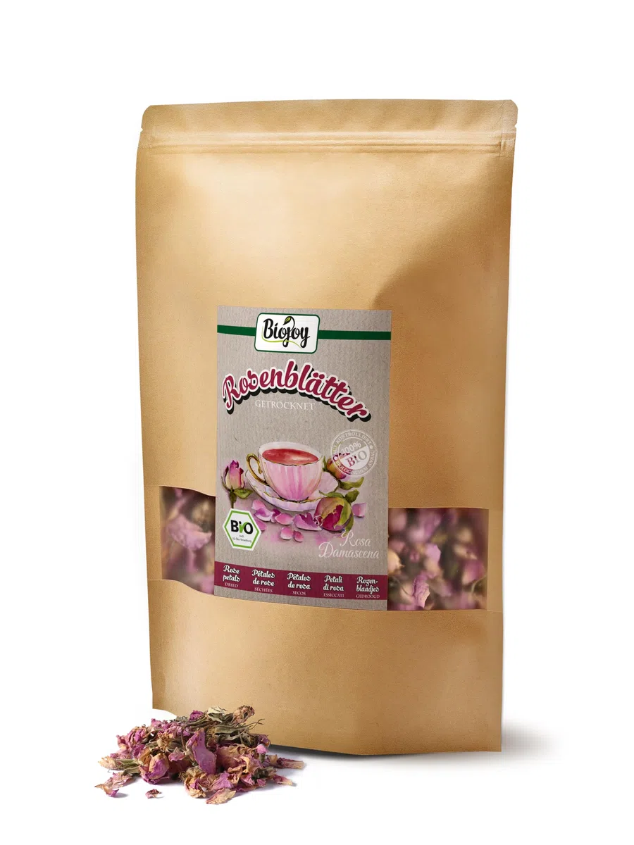 Biojoy Petali di Rosa Essiccati BIO (200 g), commestibili e naturali, adatti per infusi (Rosa Damascena)