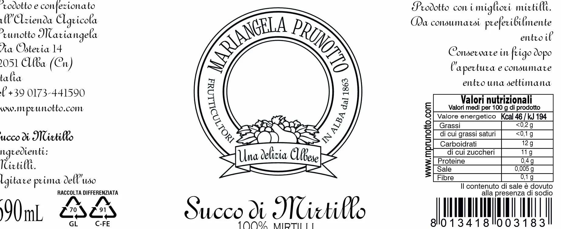 Mariangela Prunotto - Una Delizia Albese - Frutticultori in Alba dal 1863 Succo di Mirtillo, 6 Confezioni da 690 Ml (6x690ml)