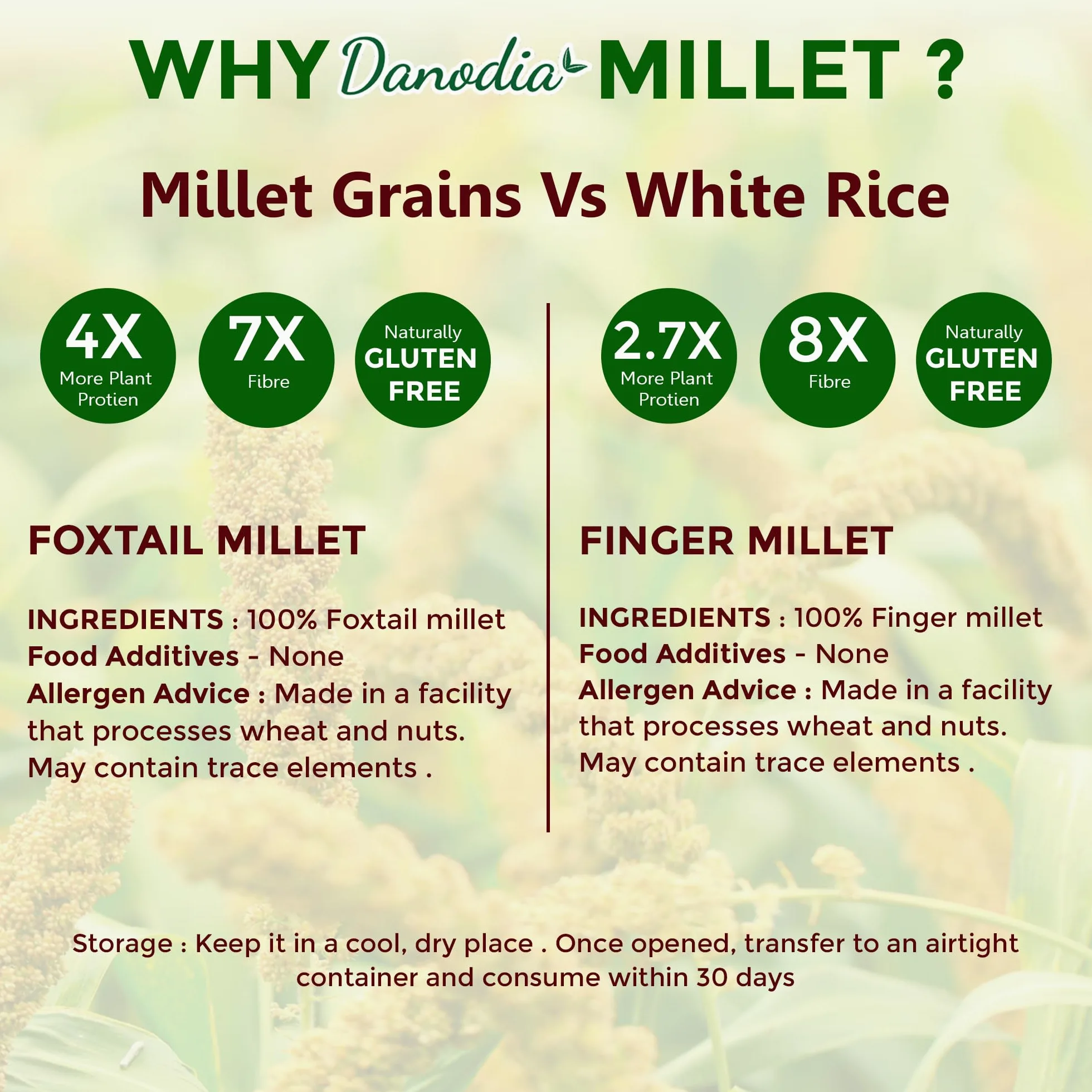 Danodia Foods Miglio Indiano Finger Millet/Ragi (2lbs | 950g | 33oz) | Miglio Rosso Decorticato Integrale, Non Lavorato, Senza Glutine, Superfood a Chicco Intero (Scansiona il QR per nuove ricette)
