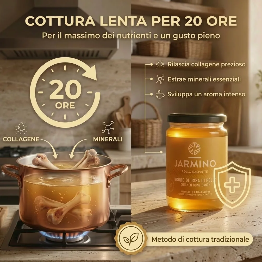 JARMINO brodo biologico di ossa di pollo (6 x 350 ml) | acido ialuronico, collagene e proteina naturale | bone broth | bevanda salutare o come base per zuppe e salse