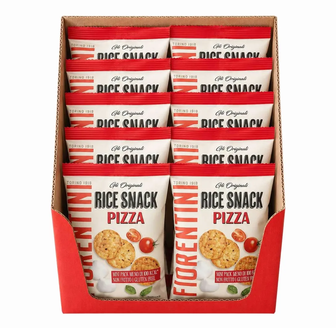 Rice Snack Pizza Mini Pack 20g per Fiorentini, Box con 12 Confezioni da 20g, Snack di Riso Croccanti Gusto Pizza, Senza Glutine, Non Fritti, Monoporzione per Aperitivo e Pausa Snack