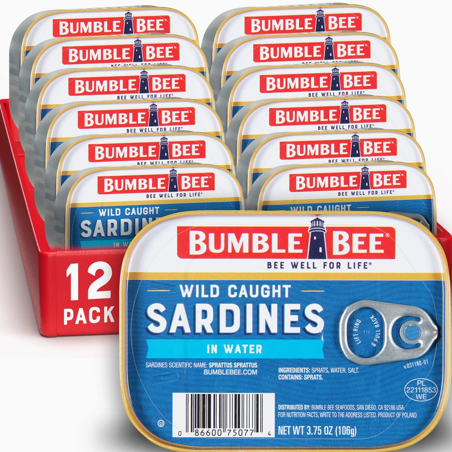Bumble Bee Sardine in acqua, barattolo da 107 ml (confezione da 12), senza glutine, keto, kosher, ingredienti puliti