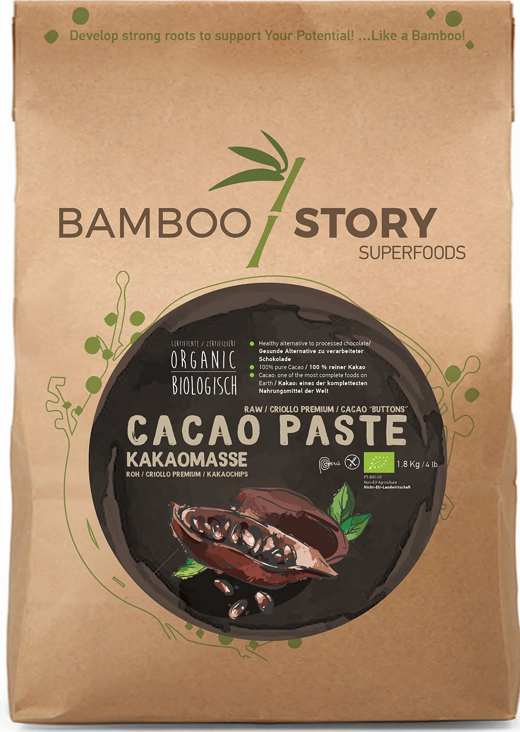 Crudo | BAMBOO STORY | Pasta di Cacao in Bottoni | Criollo | Biologico/BIO | 100% Cacao | Senza zuccheri aggiunti | 1,8 kg | Origine 100% Perù