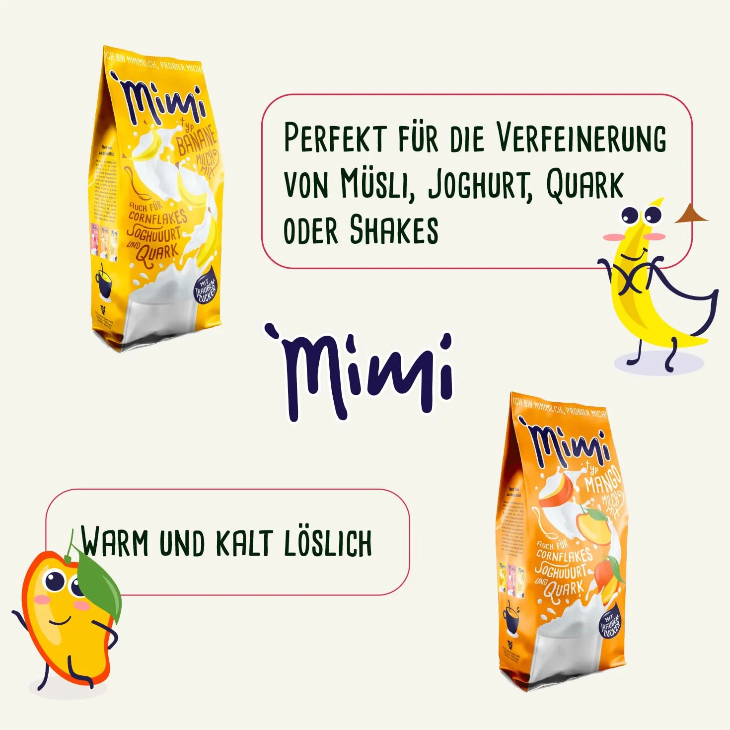 Mimi, confezione da 8 pezzi, mix di latte e bevande in polvere (2 confezioni da 400 g), banana, fragola, mango, vaniglia, confezione conveniente, ideale per il tempo libero, la scuola o per andare in