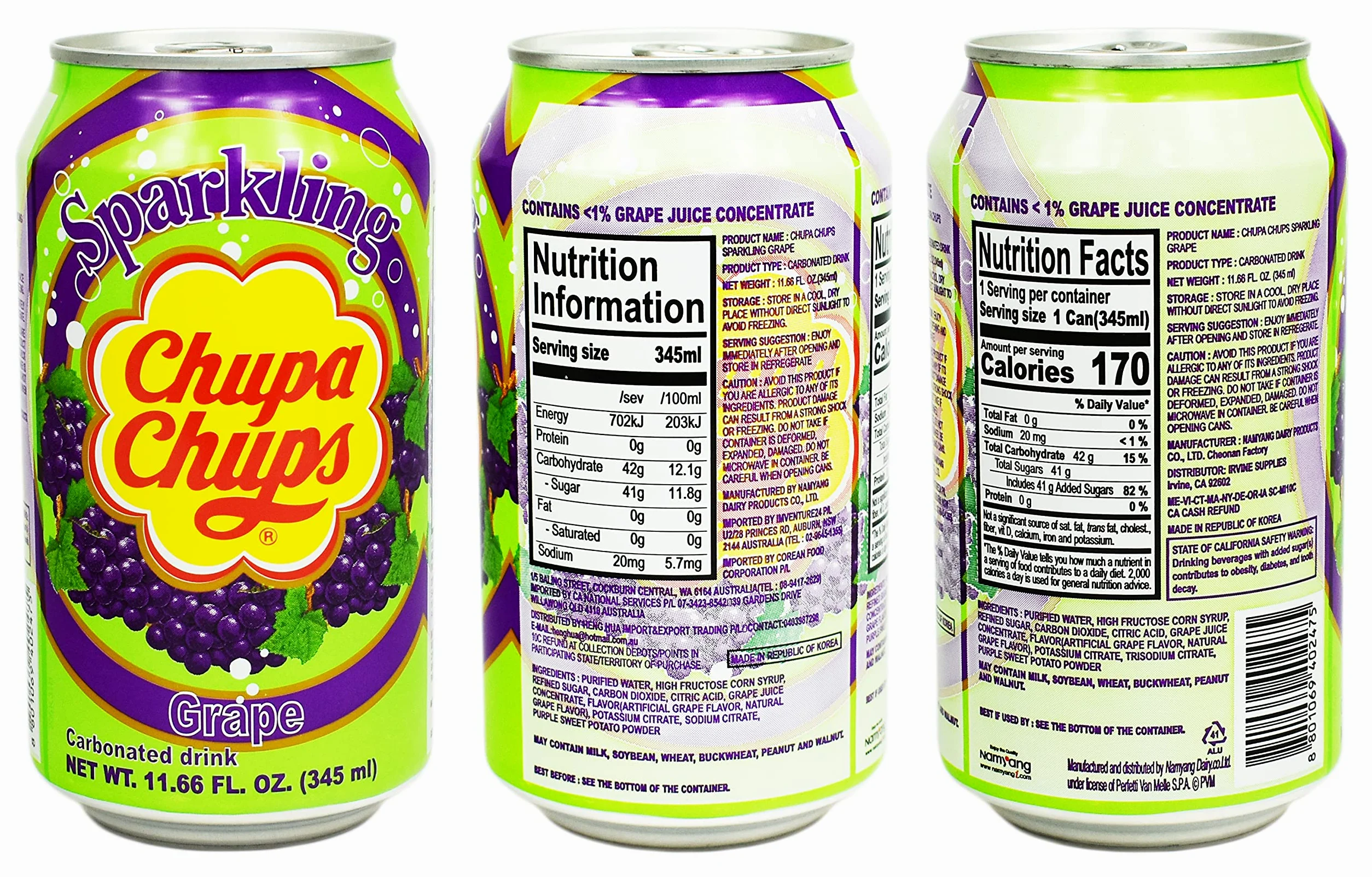 Nam Yang Chupa Chups - Bevanda frizzante al gusto di uva, 345 ml (6 lattine)