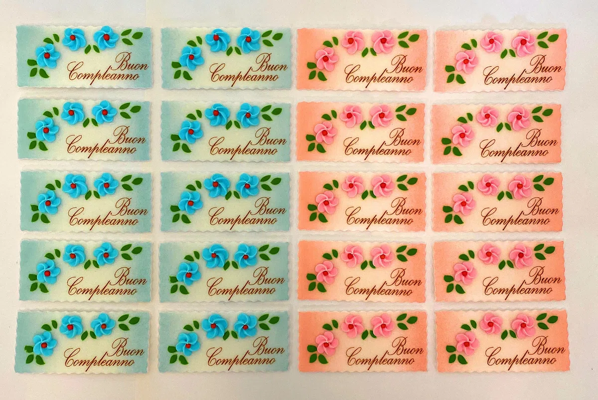 ITALIAN PIE - Biglietti/Targhette con fiori in pasta di zucchero con scritta Buon Compleanno per decorazione torte e gelati - 30pz. - MADE IN ITALY