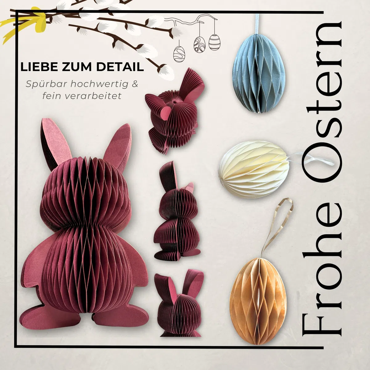 Set di 7 decorazioni pasquali – Carta a nido d'ape, coniglietto pasquale rosso bordeaux (20 cm) e 6 uova di Pasqua da appendere, magnetica, riutilizzabile, decorazione primaverile per