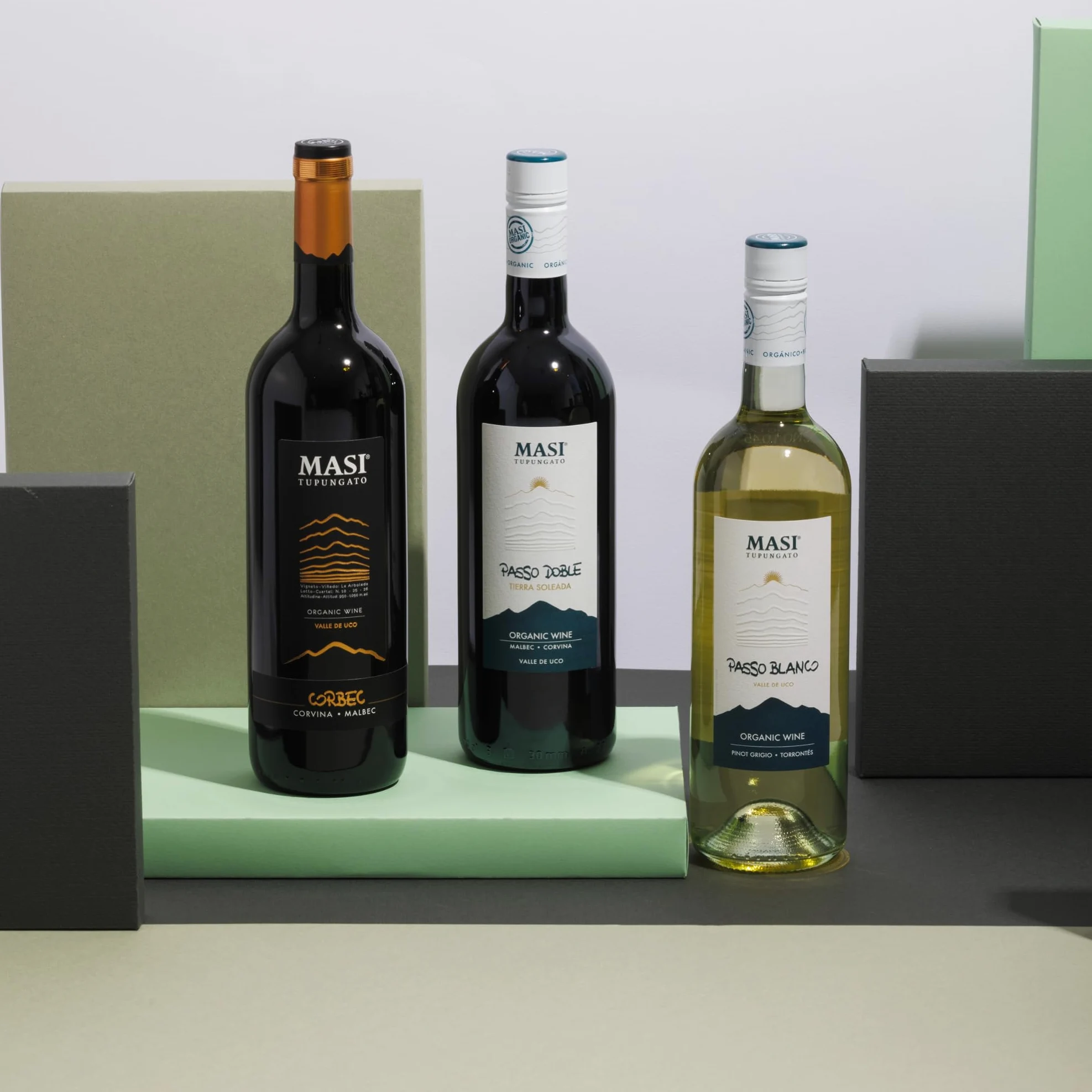 Confezione esclusiva "Masi Tupungato" | CORBEC 2019 Rosso di Argentina BIO, PASSO DOBLE 2021 Rosso di Argentina BIO, PASSO BLANCO 2023 Bianco di Argentina BIO | 3x750 ml | Confezione in legno
