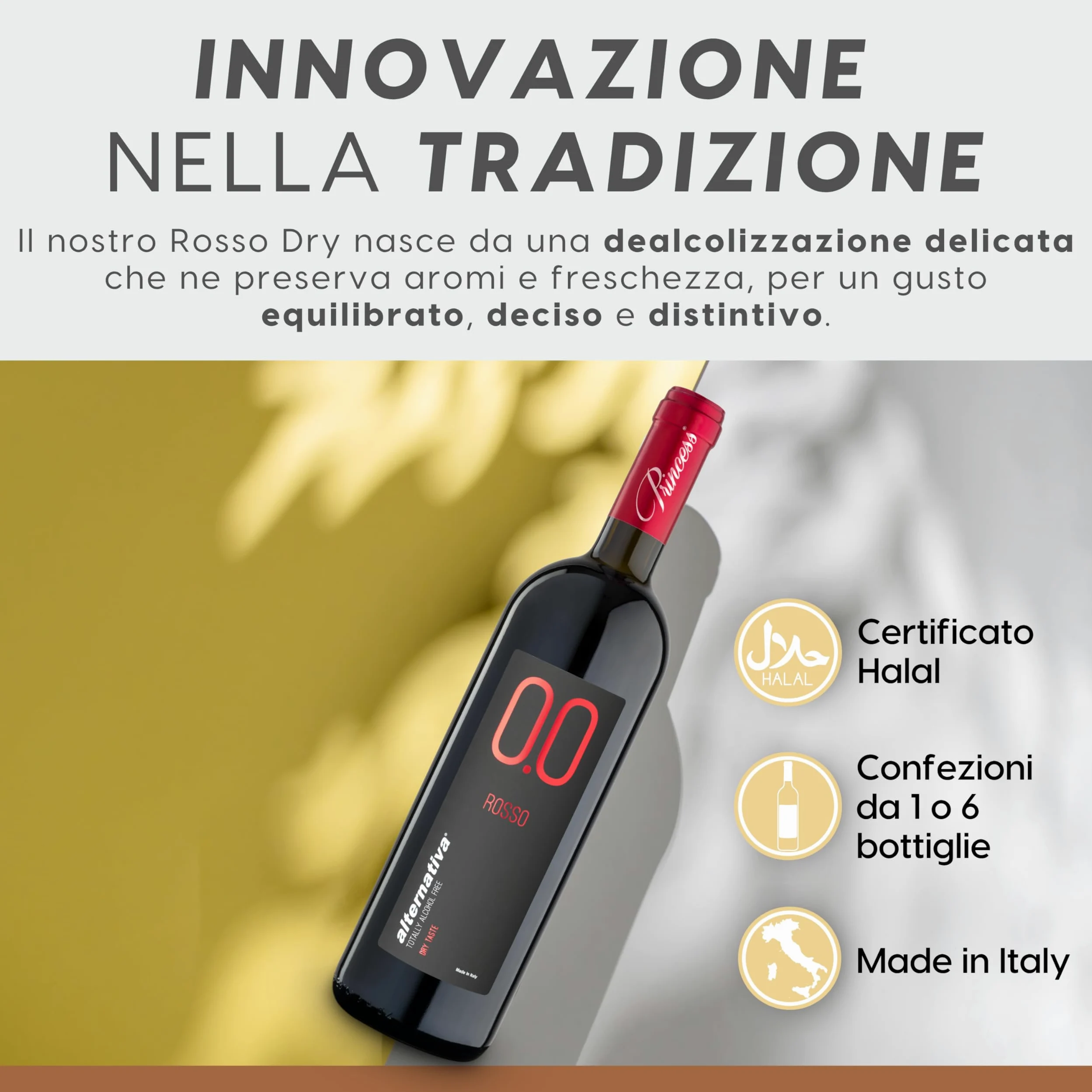 ALTERNATIVA Rosso Dry Analcolico 0.0% - Dealcolato Italiano Senza Alcol - Ideale per Celebrazioni e Regali - Confezione da 6 Bottiglie da 750ml Alcool Free