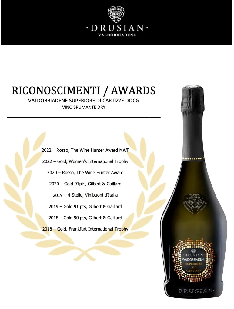 Drusian Cartizze Valdobbiadene Superiore DOCG Spumante Dry – Prosecco 100% Glera, Metodo Charmat, Perlage Fine, Ideale con Dessert e Dolci Tradizionali – 0,75l 11,5% vol. (6 bottiglie)