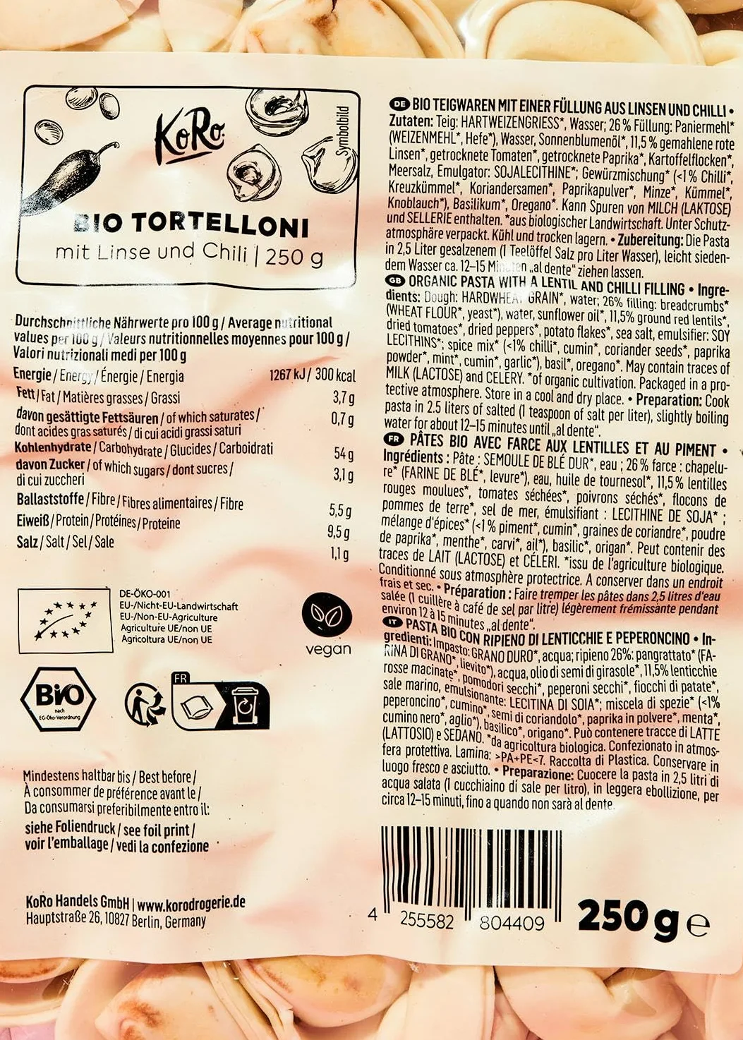 KoRo - Tortelloni con lenticchie e peperoncino bio 12 x 250 g - Vegan - Qualità biologica - Fonte di proteine e fibre - Si conservano al fresco