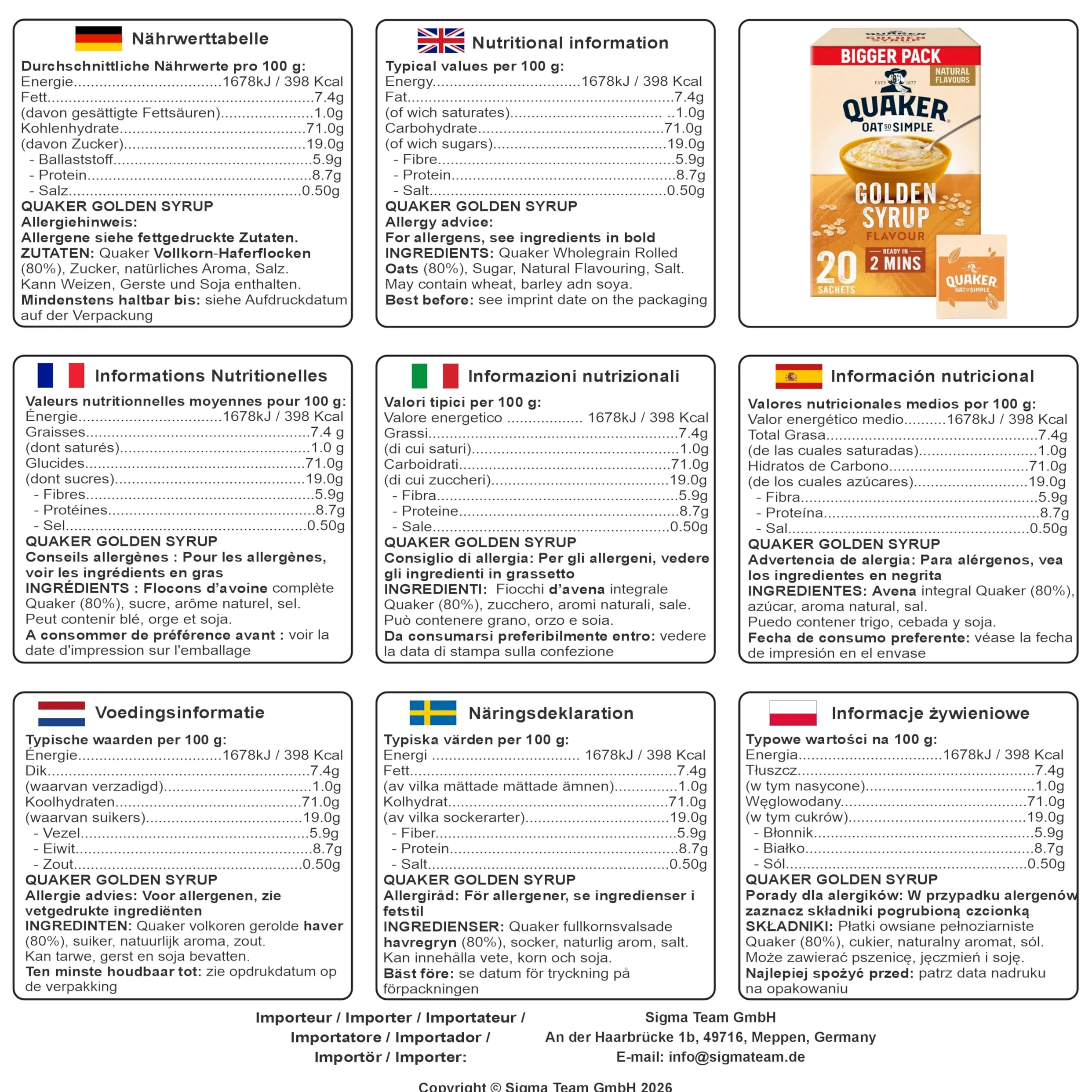 Cleverry set con Quaker Oat So Simple Farina D'Avena Porridge Originale 20 buste x 27g e Golden Syrup 20 buste x 36g – Oatmeal per una deliziosa colazione