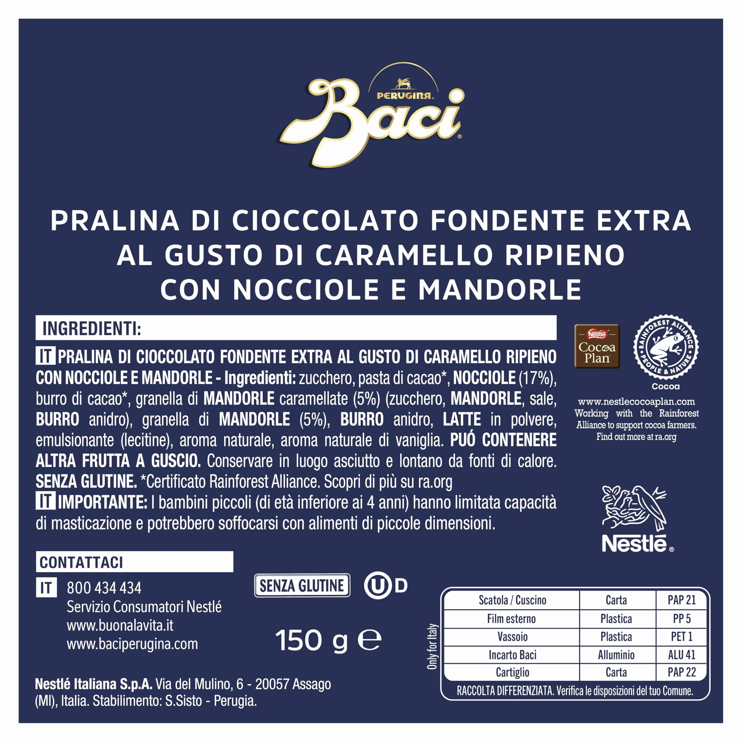 BACI PERUGINA Caramellato alle Mandorle Cioccolatini Fondenti ripieni al Gianduia, Scatola Regalo 150g