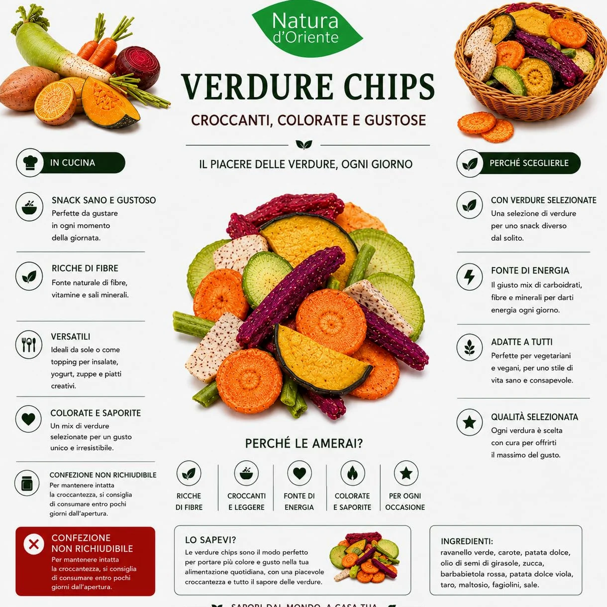 NATURA D'ORIENTE Verdure Chips Mix 2500g Snack Croccante Vegetale | Mix colorato di verdure • Croccanti e saporite • Ideali per aperitivi e snack