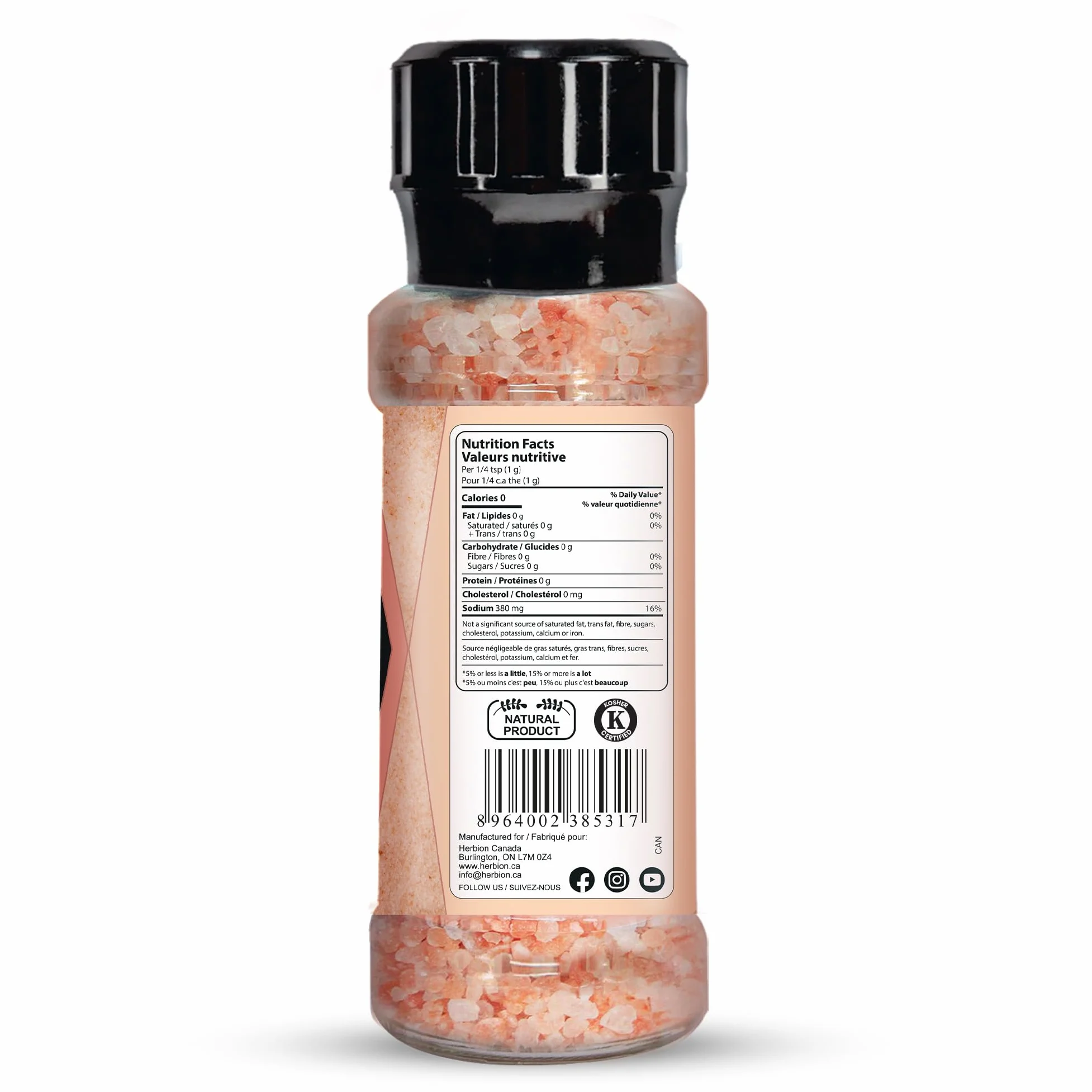 Herbion Naturals Himalayan Pink Salt Grinder a grana grossa, 225 grammi, facile da usare, qualità suprema, forma più pura di sale (confezione da 1)