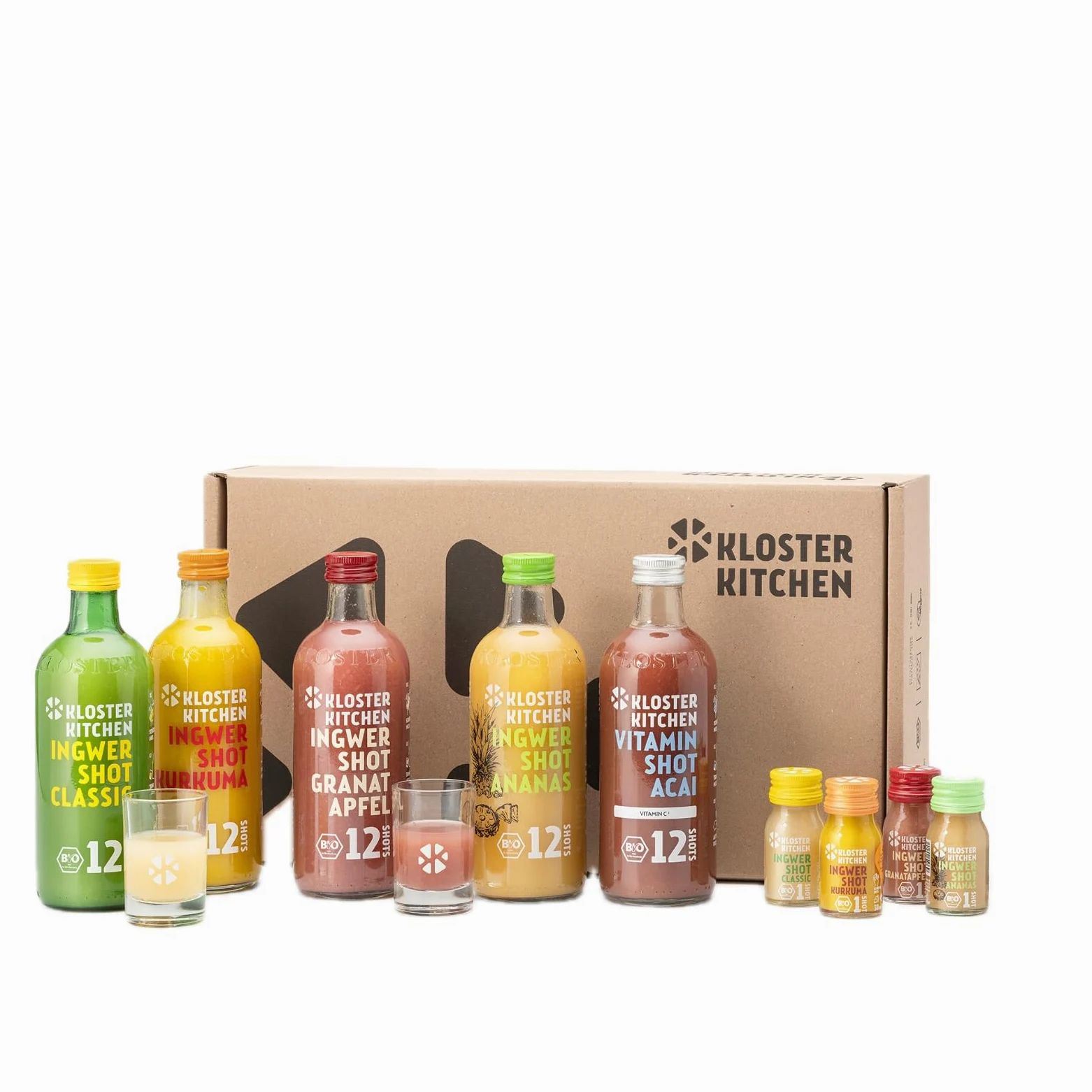Kloster Kitchen Organic Ginger Shot Tasting Set L I 5 gusti 5x 360 ml + 5x 30 ml I Set regalo Ginger Shot vegan I dolce e piccante & con dolcezza naturale (incl. 1,25€ di deposito)
