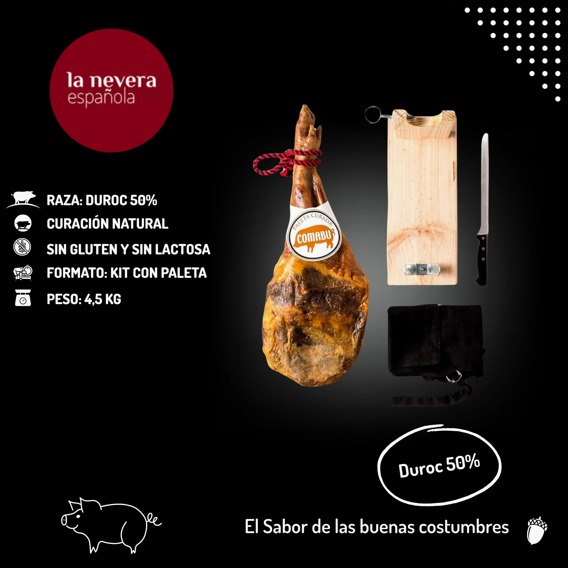 La Nevera Española | Paleta Curata, Porta Prosciutto, Coltello e Grembiule | Peso 4,5 KG | Curación Minima 10 Mesi | Prosciutto Comabu | Il Prosciutto della Nevera Española