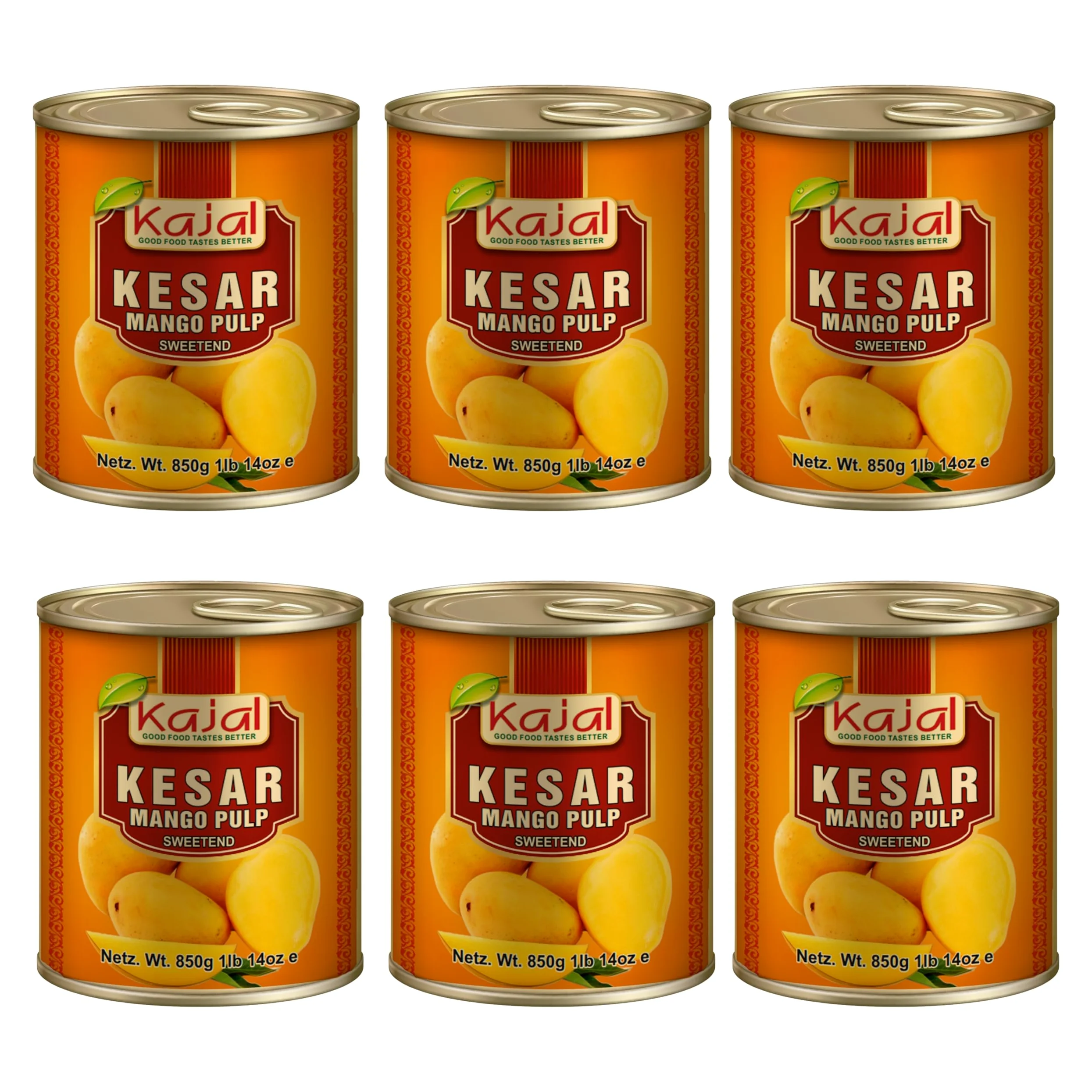 Kajal Purea di mango, Kesar, 6 x 850 g, ideale per frullati di mango, Lassi, dessert e curry, naturale, dolce, dall'India, polpa di mango, kesar senza additivi