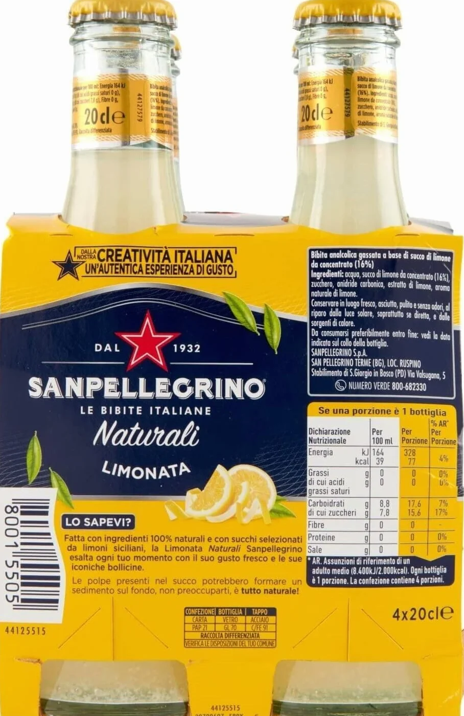 24x San Pellegrino Limonata Naturali Bevanda Analcolica Rinfrescante con succo di limone italiano, Bottiglia di vetro 20cl