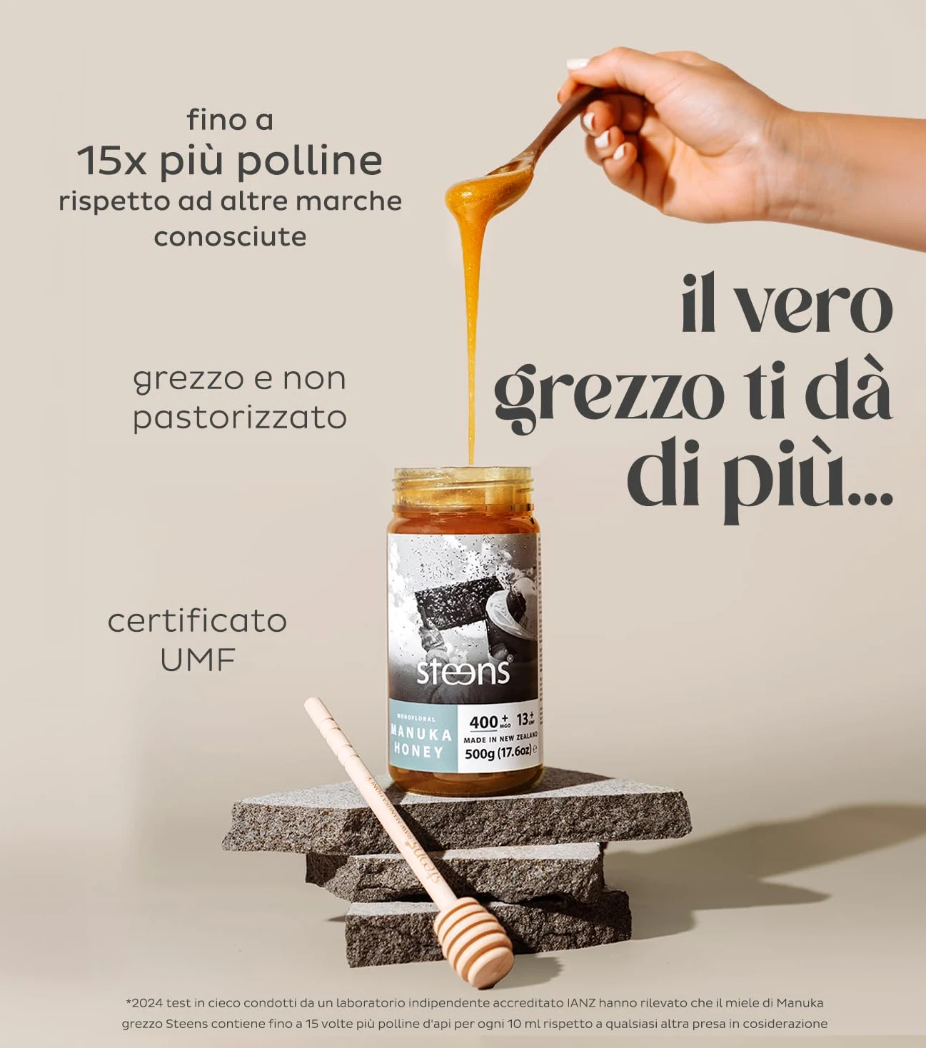 Steens Miele di Manuka - MGO 400+ - Puro Miele Manuka grezzo 100% certificato UMF 13+ - Invasettato e sigillato in Nuova Zelanda - Manuka Honey - 500 g