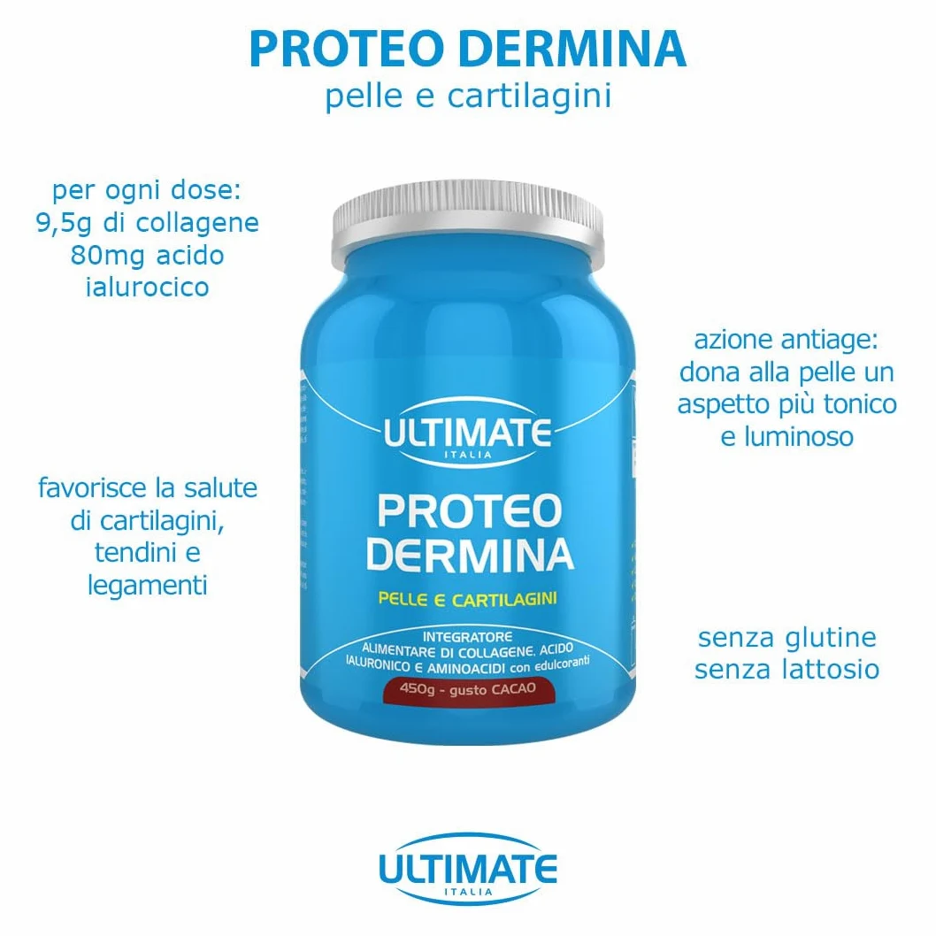 Ultimate Italia - Proteo Dermina - 450g - gusto cacao - Integratore di collagene e acido ialuronico per mantenere la pelle giovane e supportare cartilagini, legamenti e tendini