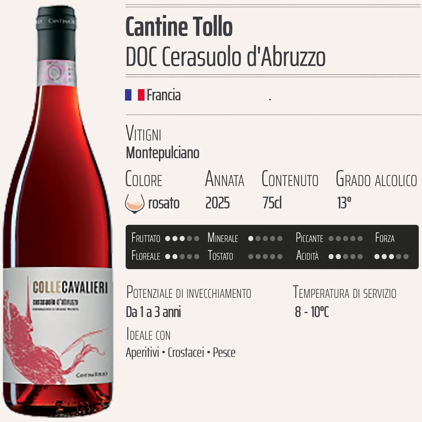 Cerasuolo d'Abruzzo Colle Cavalieri rosato 2025 - Cantine Tollo - DOC - - Francia - Vitigni Montepulciano - 12x75cl