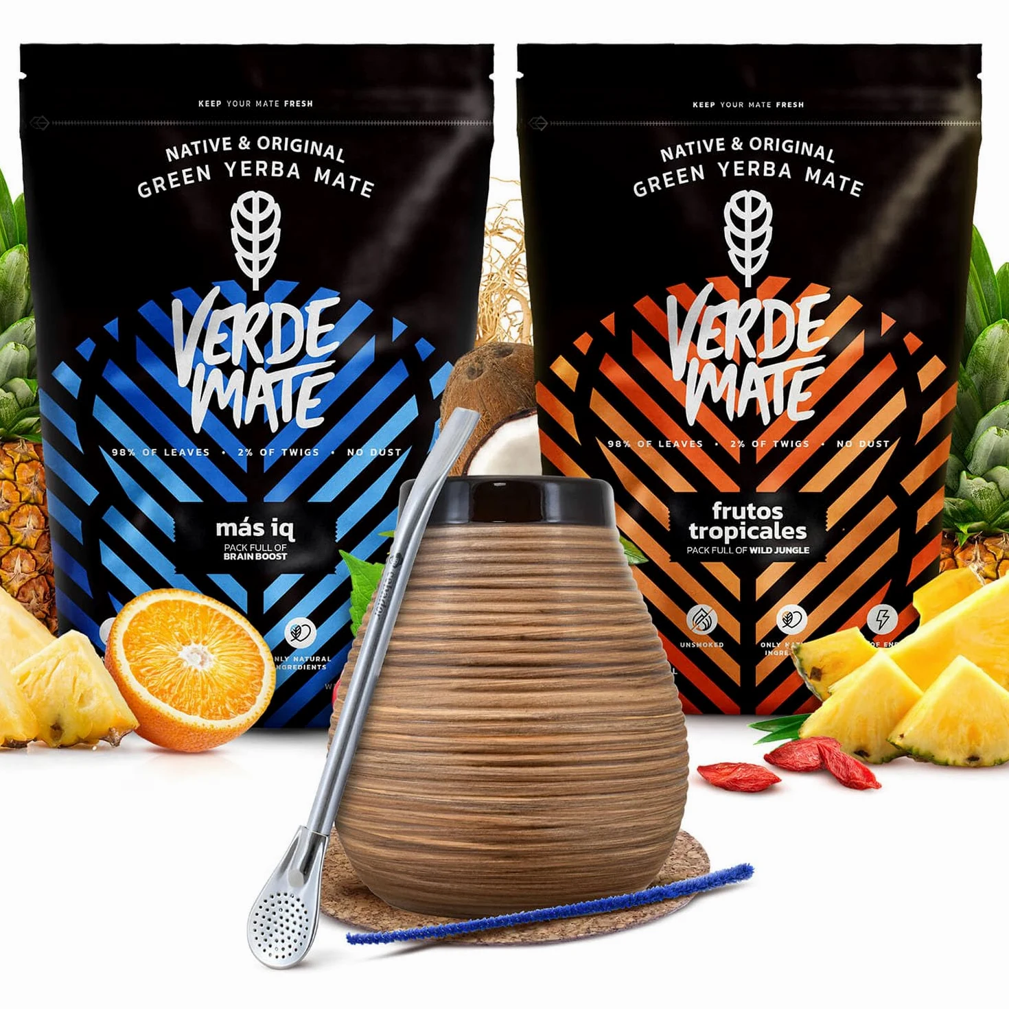Set Verde Mate (2x500g) 1kg - Due confezioni di yerba mate brasiliana, Mas IQ e Frutos Tropicales, Calabash, bombilla e accessori
