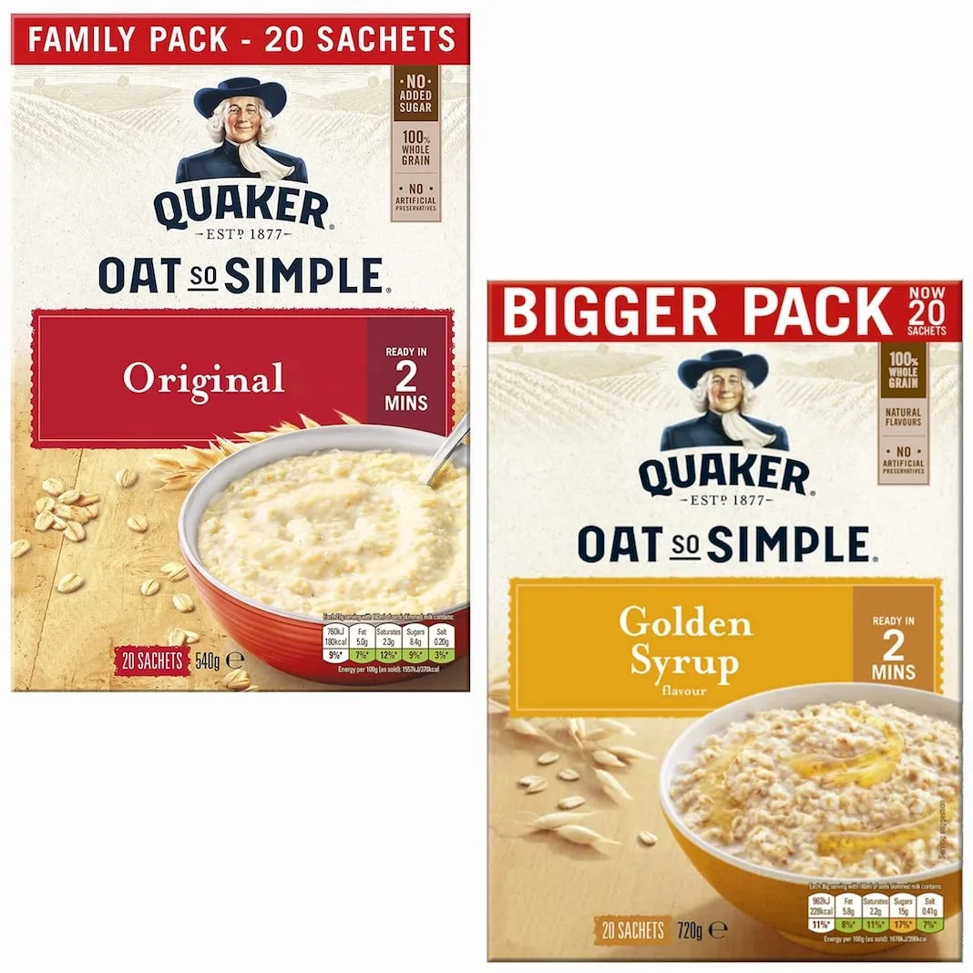 Cleverry set con Quaker Oat So Simple Farina D'Avena Porridge Originale 20 buste x 27g e Golden Syrup 20 buste x 36g – Oatmeal per una deliziosa colazione