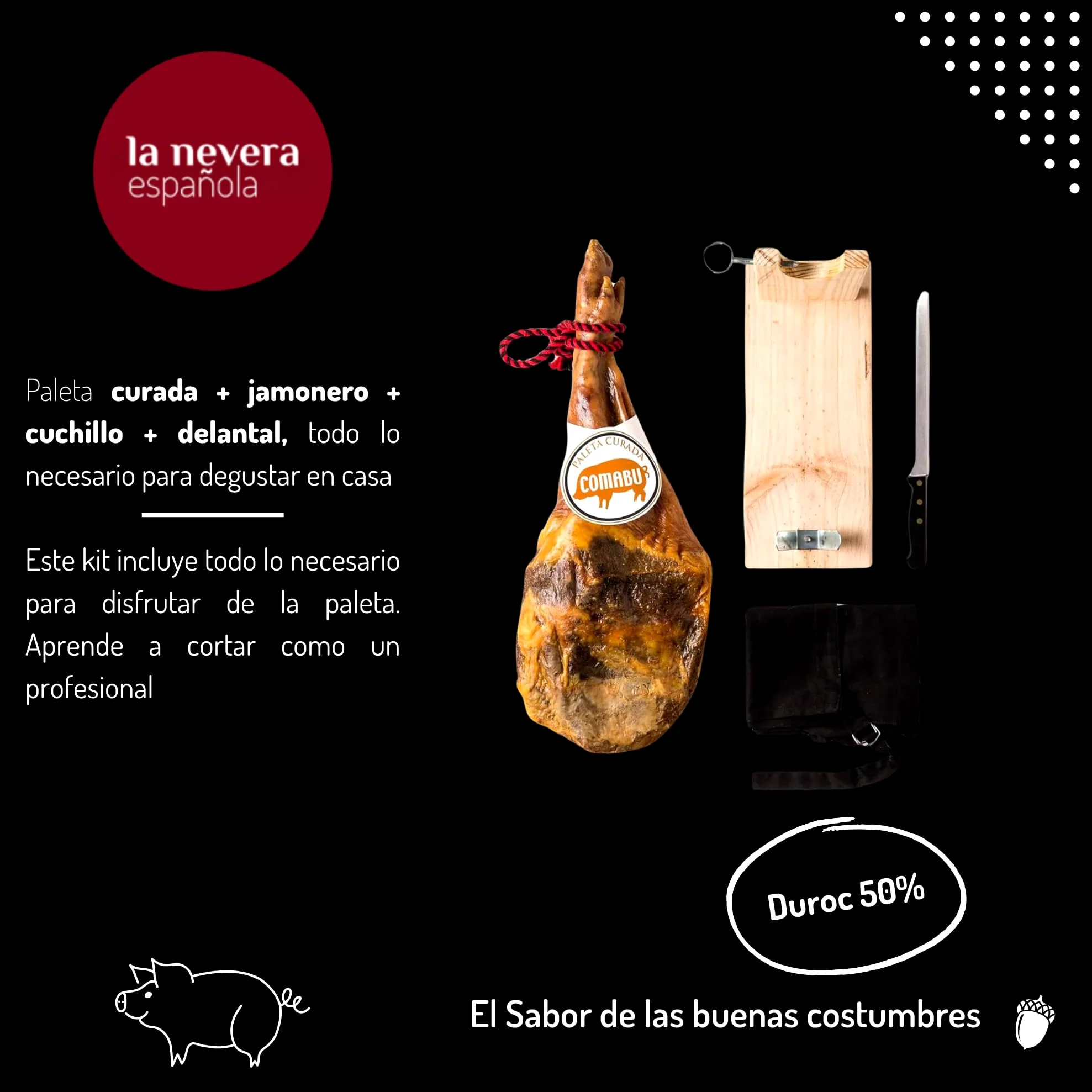 La Nevera Española | Paleta Curata, Porta Prosciutto, Coltello e Grembiule | Peso 4,5 KG | Curación Minima 10 Mesi | Prosciutto Comabu | Il Prosciutto della Nevera Española