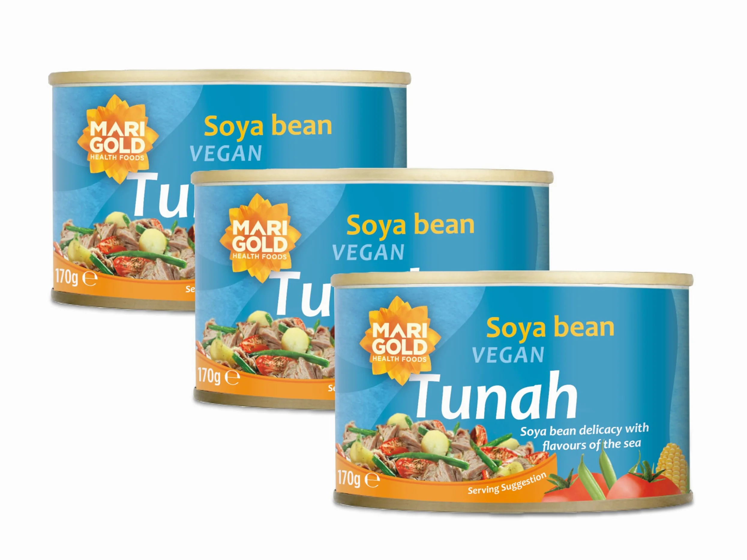 Tonno vegano alla calendula, alternativa al tonno di soia con aromi di mare, 170 g, confezione da 3