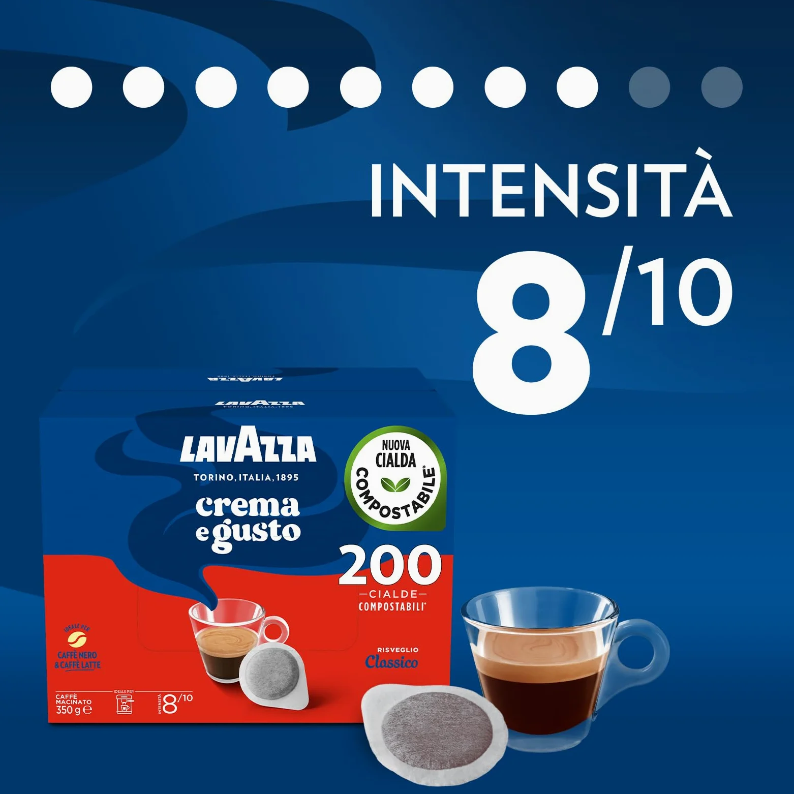 Lavazza, Crema e Gusto Classico, Caffè per Macchine Espresso, Arabica e Robusta con Note di Legno e Tabacco, Intensità 8/10, Tostatura Scura, 4 Confezioni Da 50 Cialde