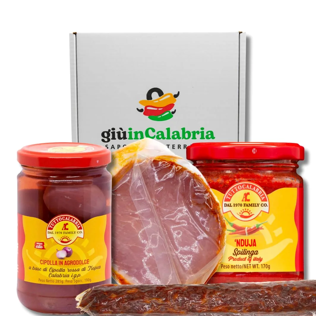 Pizza Kit Calabrese Box Regalo: Salamino, Filetto Casareccio, Cipolla Rossa di Tropea, Nduja di Spilinga - Specialità Gastronomiche per Aperitivi, Pizza e Panini - Sapori Mediterranei