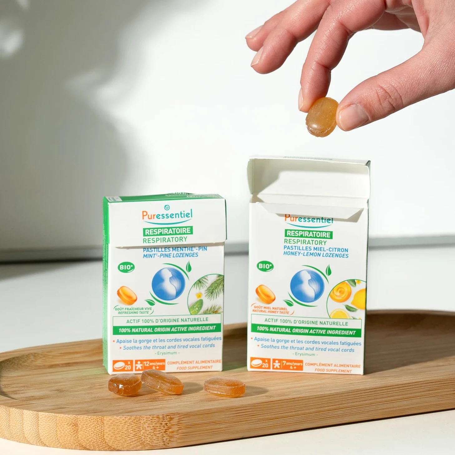 Puressentiel - Respirazione Pastiglie Gola Voce Menta Pino – All'Estratto di Erisimo – Procurano un effeto balsamico – Aiutano a liberare il naso – Dai 12 anni – 20 Pastiglie
