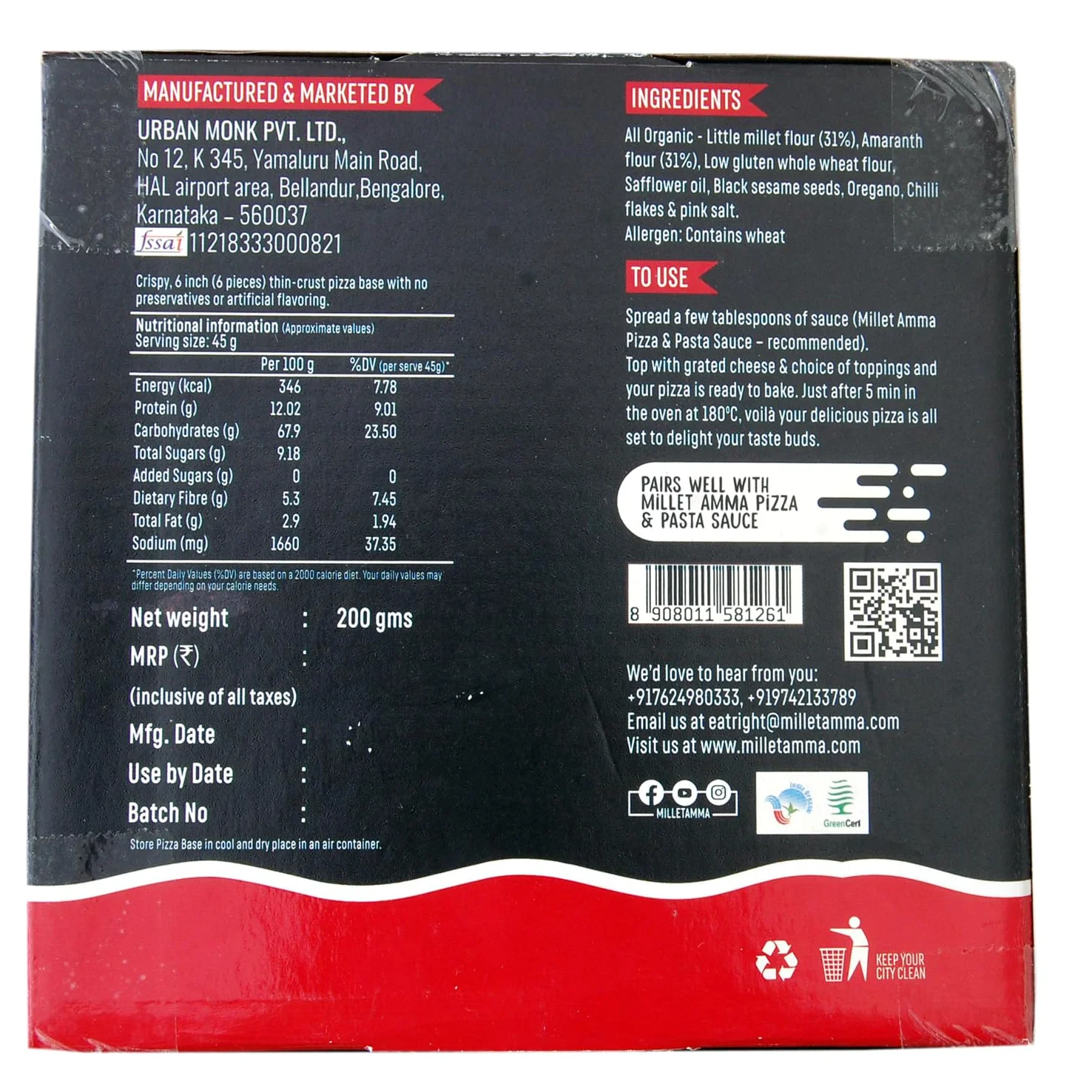 MILLET AMMA Base per pizza al miglio biologica - 200 g, 70% di contenuto di miglio, crosta sottile, confezione da 6 basi per pizza in una scatola, pronta da cuocere, 100% vegana e senza glutine