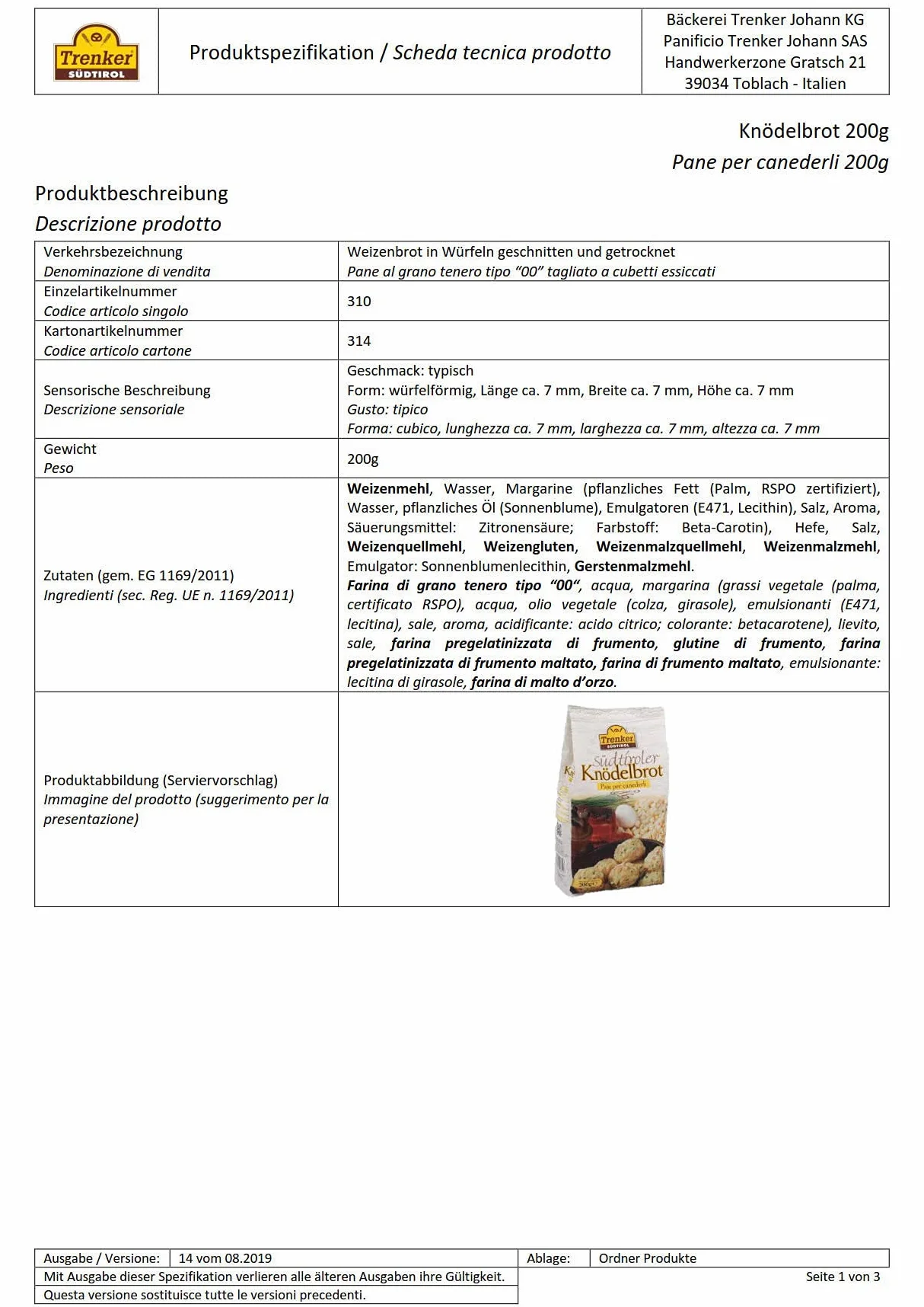 Pane per Canederli Trenker 20 x 200 gr. cartone Alto Adige