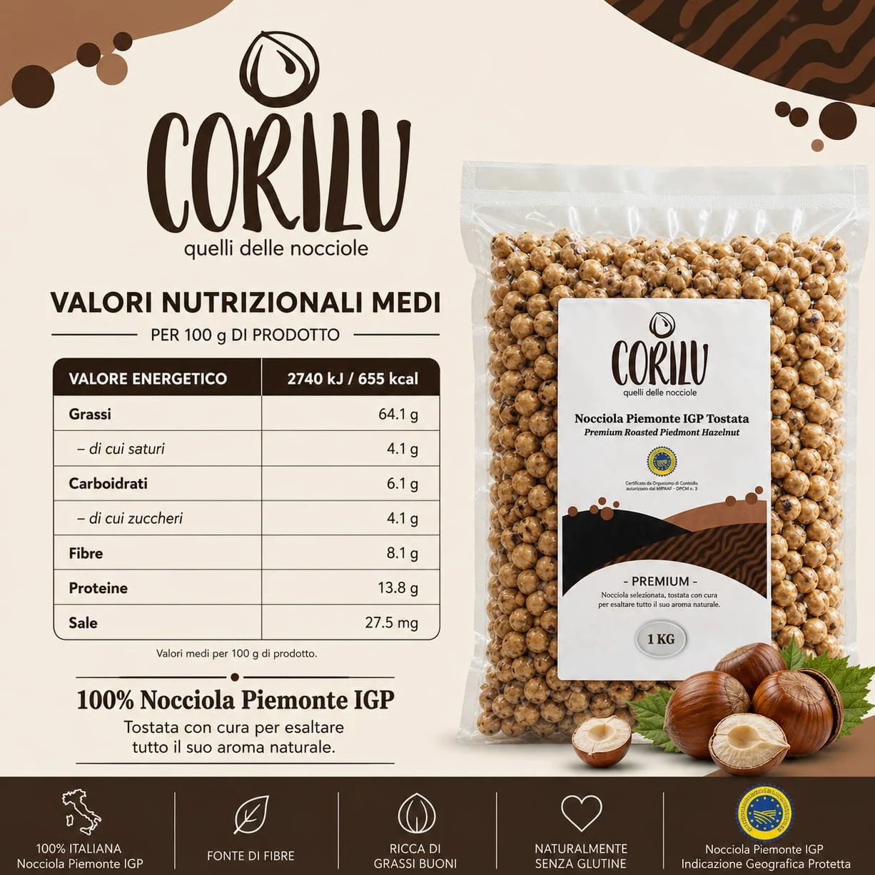 Corilu Nocciole Tostate Intere Piemonte IGP - Frutta Secca Snack Fonte di Fibre, Vitamine ed Antiossidanti - PREMIUM Nocciole Piemonte Igp Sgusciate Sacchetto Sottovuoto 1 kg