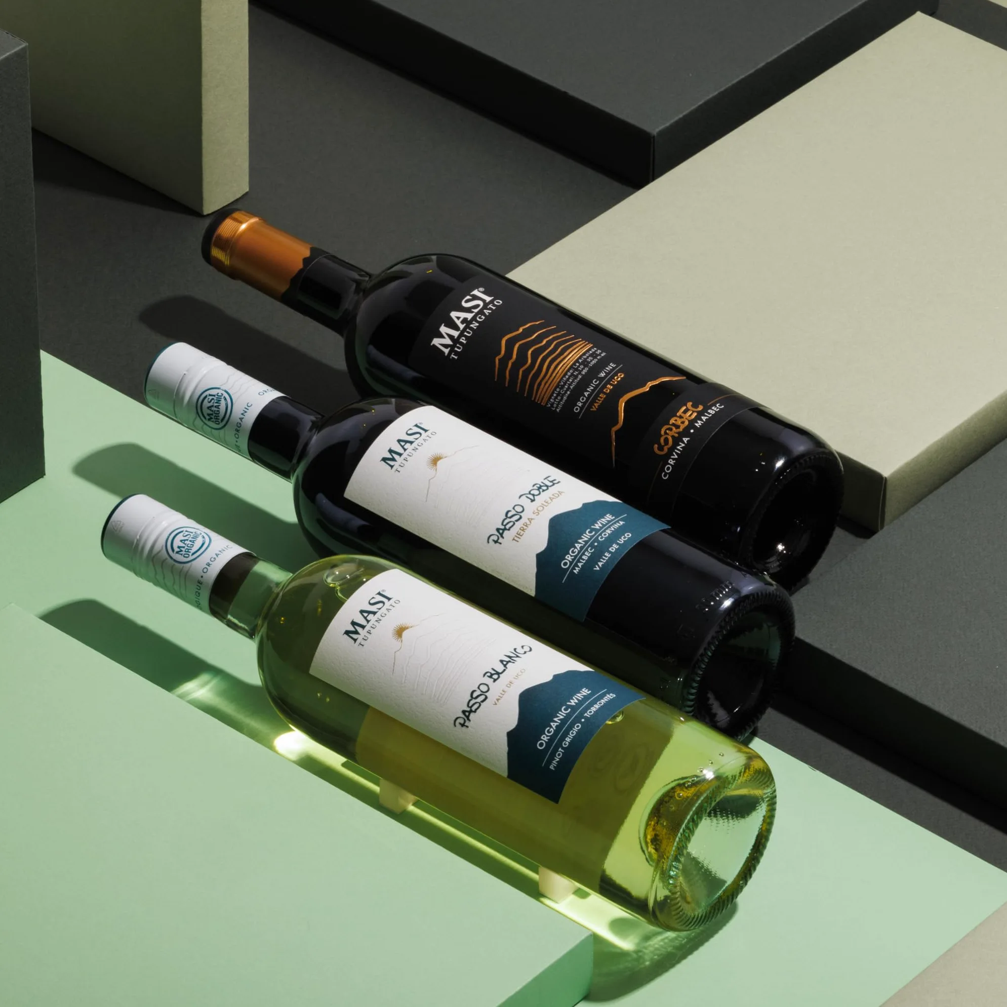 Confezione esclusiva "Masi Tupungato" | CORBEC 2019 Rosso di Argentina BIO, PASSO DOBLE 2021 Rosso di Argentina BIO, PASSO BLANCO 2023 Bianco di Argentina BIO | 3x750 ml | Confezione in legno
