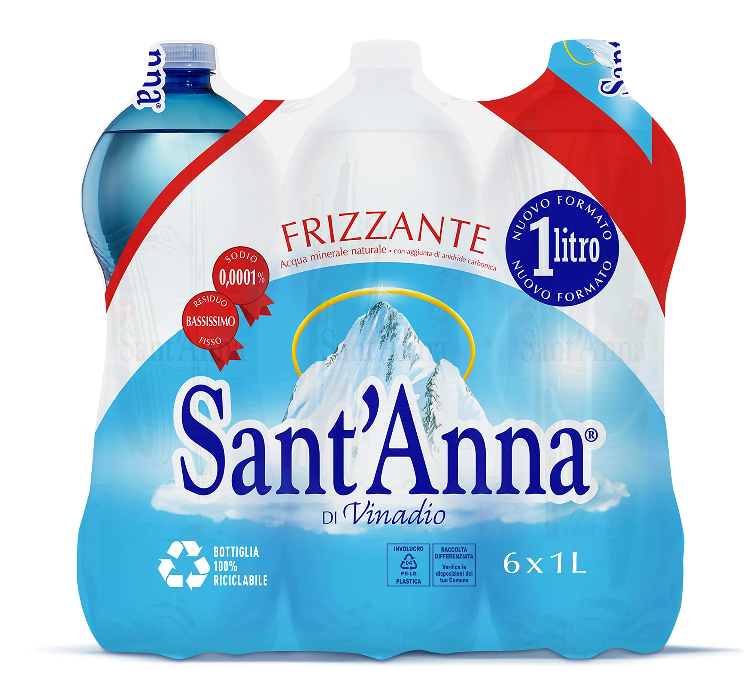 Acqua Sant'Anna Pack 1,0L Frizzante | 9 confezioni da 6 bottiglie | Acqua Minerale Naturale Oligominerale Minimamente mineralizzata | Bottiglie di Plastica 100% Riciclabile