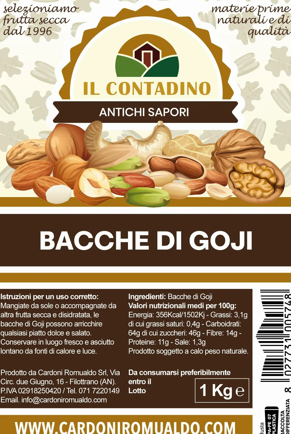 Il Contadino - Antichi Sapori | BACCHE DI GOJI | Confezione Salva Freschezza, Frutta Disidratata di Qualità Premium, No Conservanti e Coloranti, Al Naturale, Senza Zuccheri Aggiunti (1 Kg)