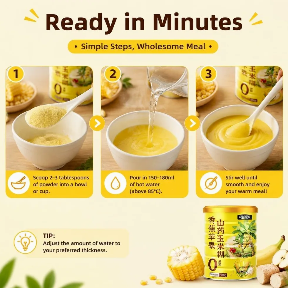 Polvere di mais istantanea con banane e mele, 500 g | Cereali caldi istantanei 30s con patate dolci, mais, banane, mele, pezzetti di vera frutta, 500 g.
